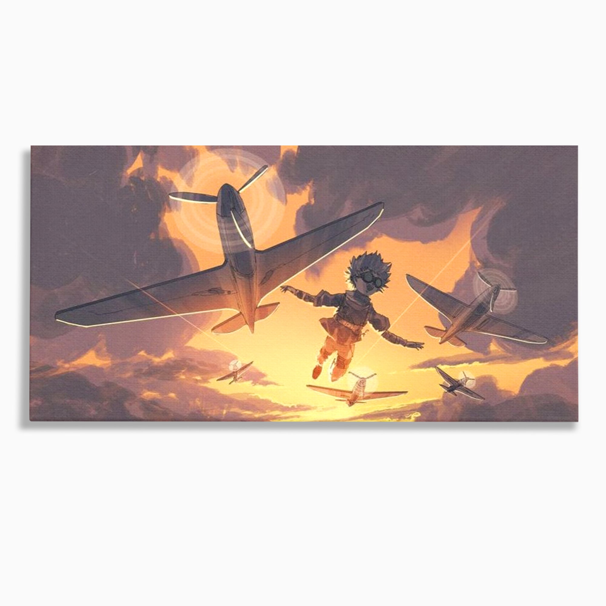 Tablou canvas cu ilustratie digitala cu un baietel zburand alaturi de avioane, fara rama, pe sasiu de lemn