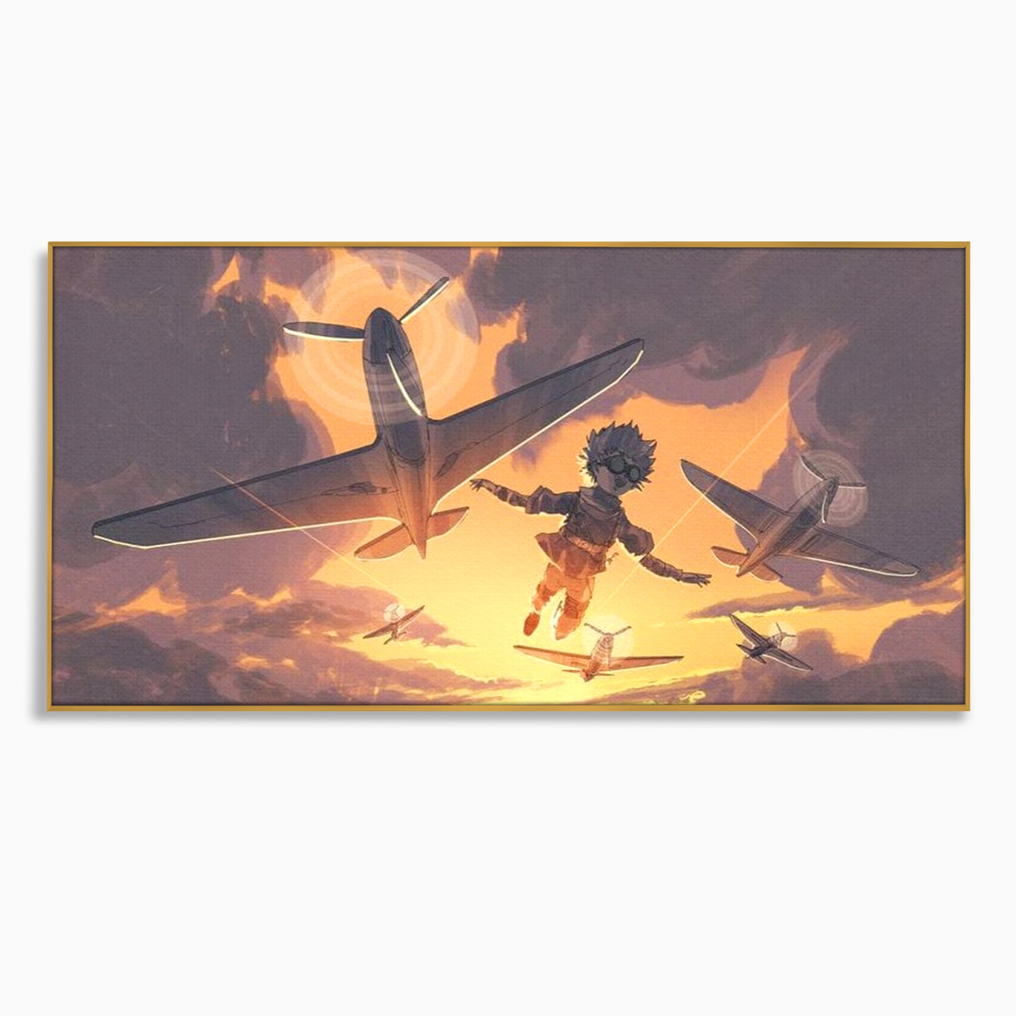 Tablou canvas cu ilustratie digitala cu un baietel zburand alaturi de avioane, in rama de aluminiu auriu