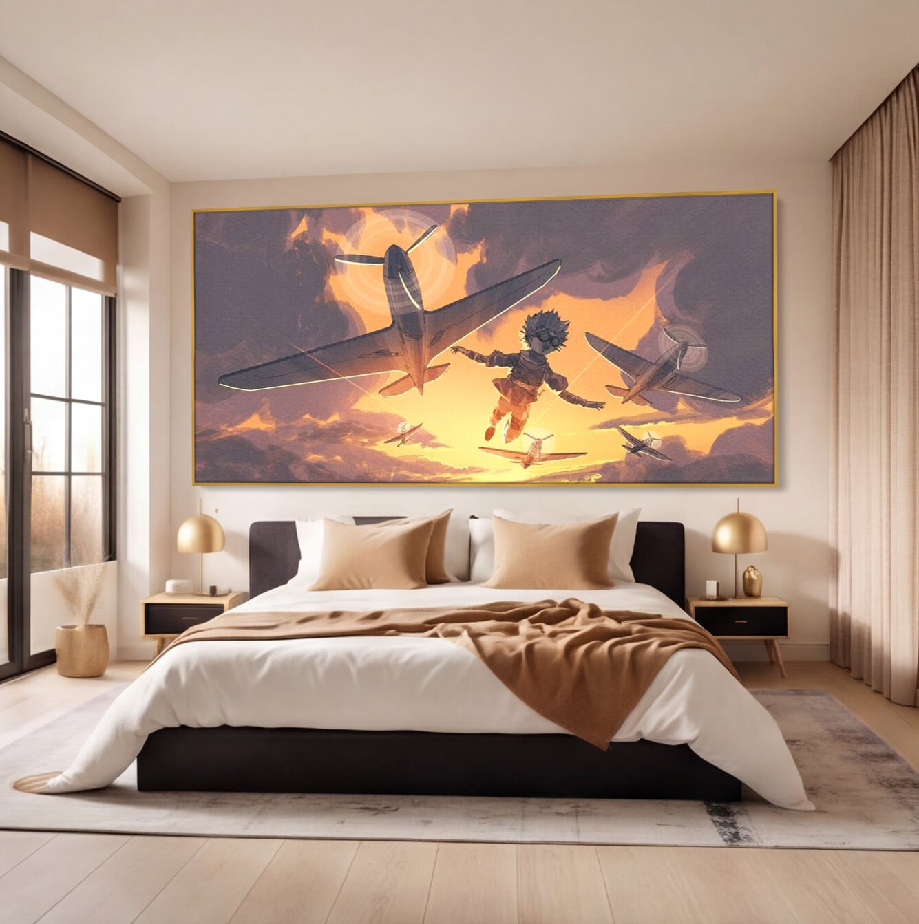 Tablou canvas cu ilustratie digitala cu un baietel zburand alaturi de avioane, in rama de aluminiu auriu, pe perete intr-un dormitor