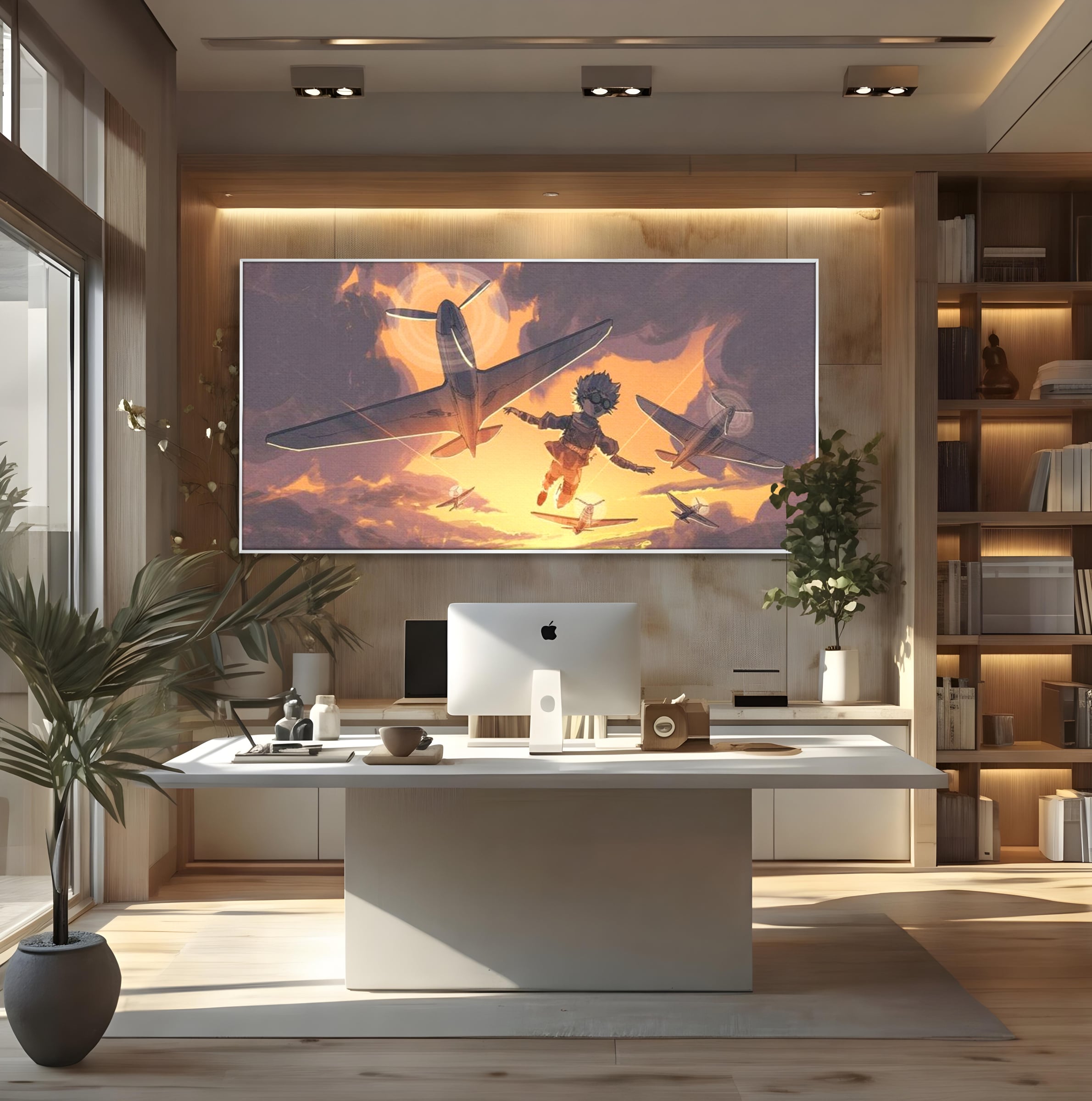 Tablou canvas cu ilustratie digitala cu un baietel zburand alaturi de avioane, in rama de aluminiu argintiu, pe perete intr-un birou