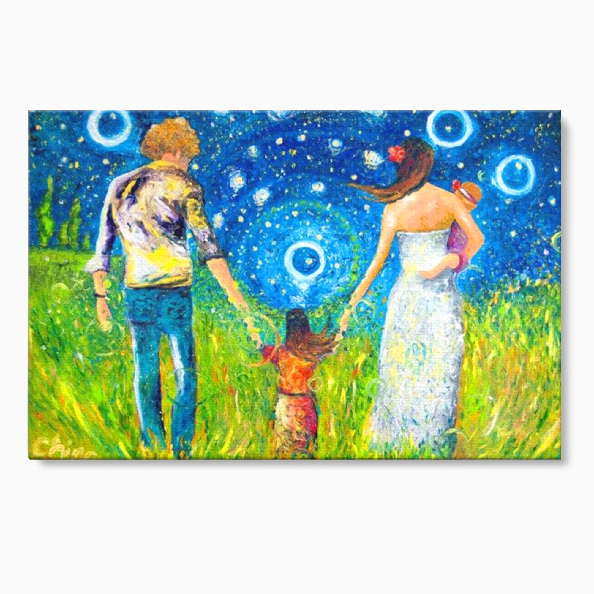 Tablou canvas cu pictura cu familie pe camp sub cer instelat, fara rama, pe sasiu de lemn