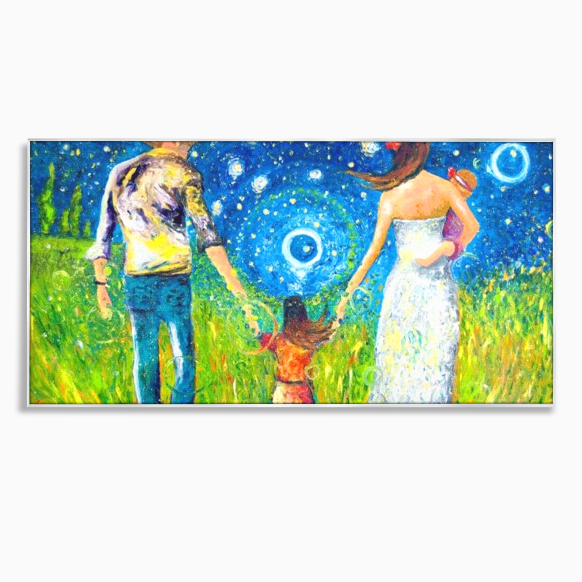 Tablou canvas cu pictura cu familie pe camp sub cer instelat, in rama de aluminiu argintiu