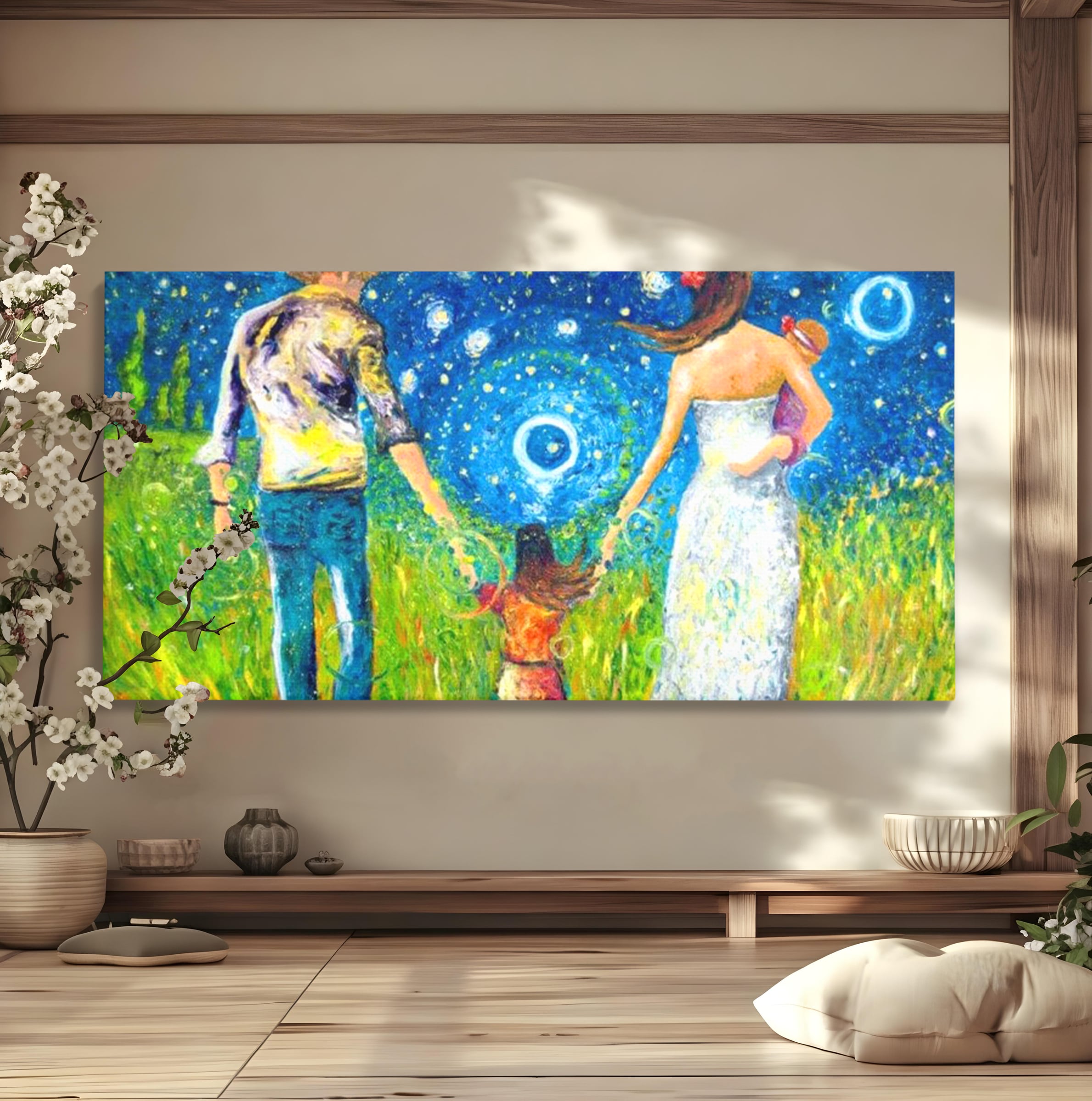 Tablou canvas cu pictura cu familie pe camp sub cer instelat, fara rama, pe sasiu de lemn
