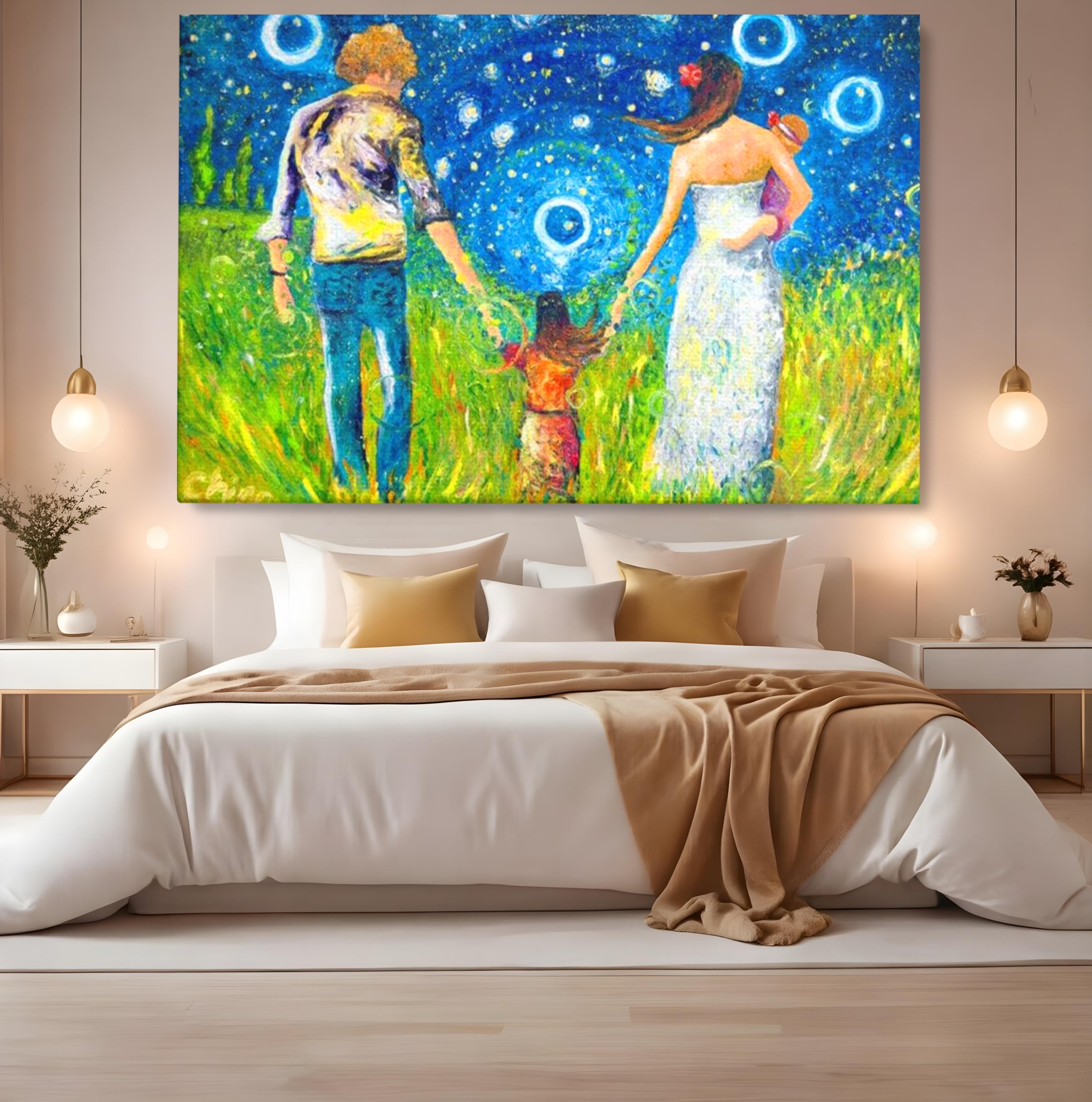 Tablou canvas cu pictura cu familie pe camp sub cer instelat, fara rama, pe sasiu de lemn, pe perete intr-un dormitor
