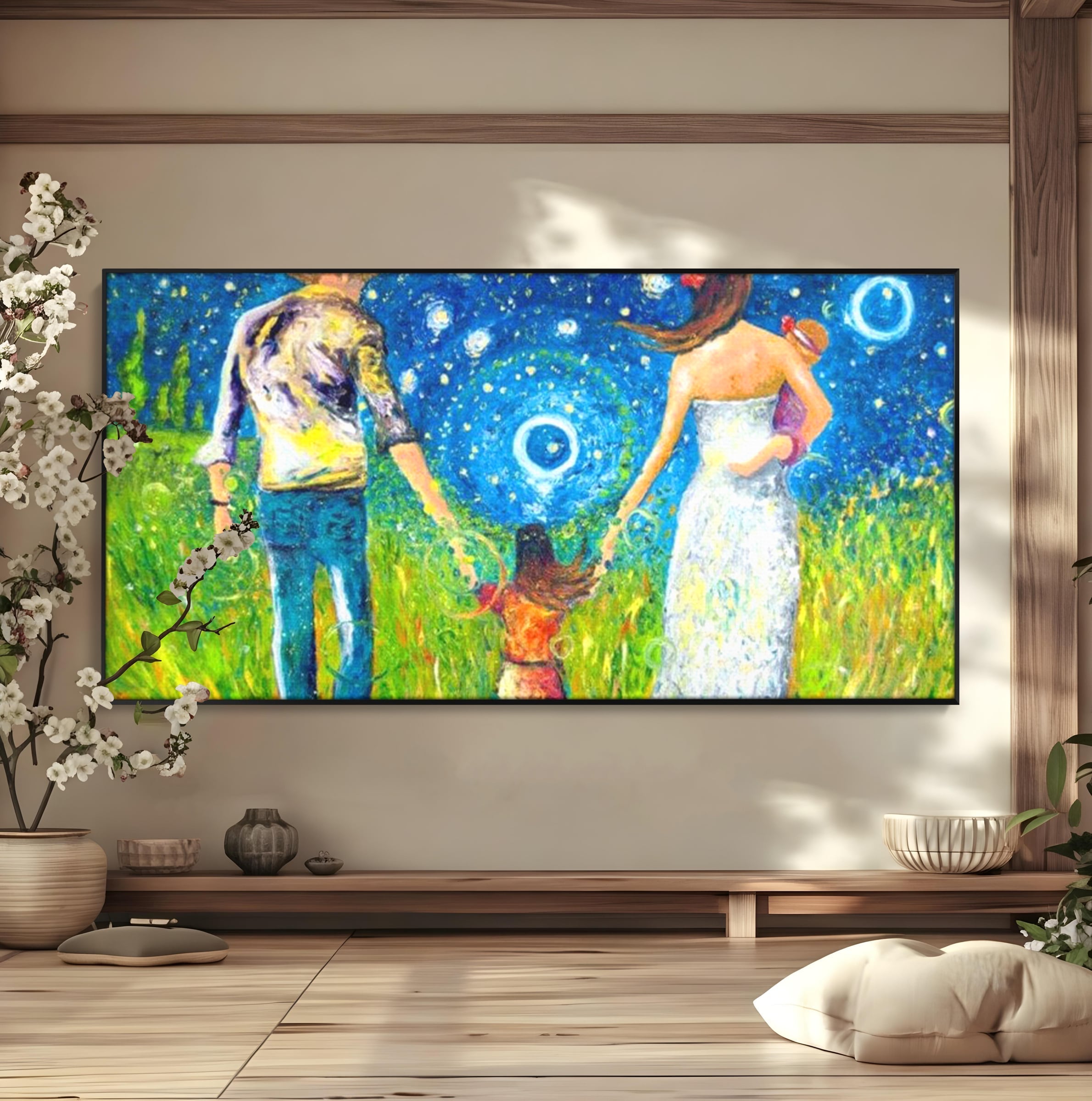 Tablou canvas cu pictura cu familie pe camp sub cer instelat, in rama de aluminiu negru