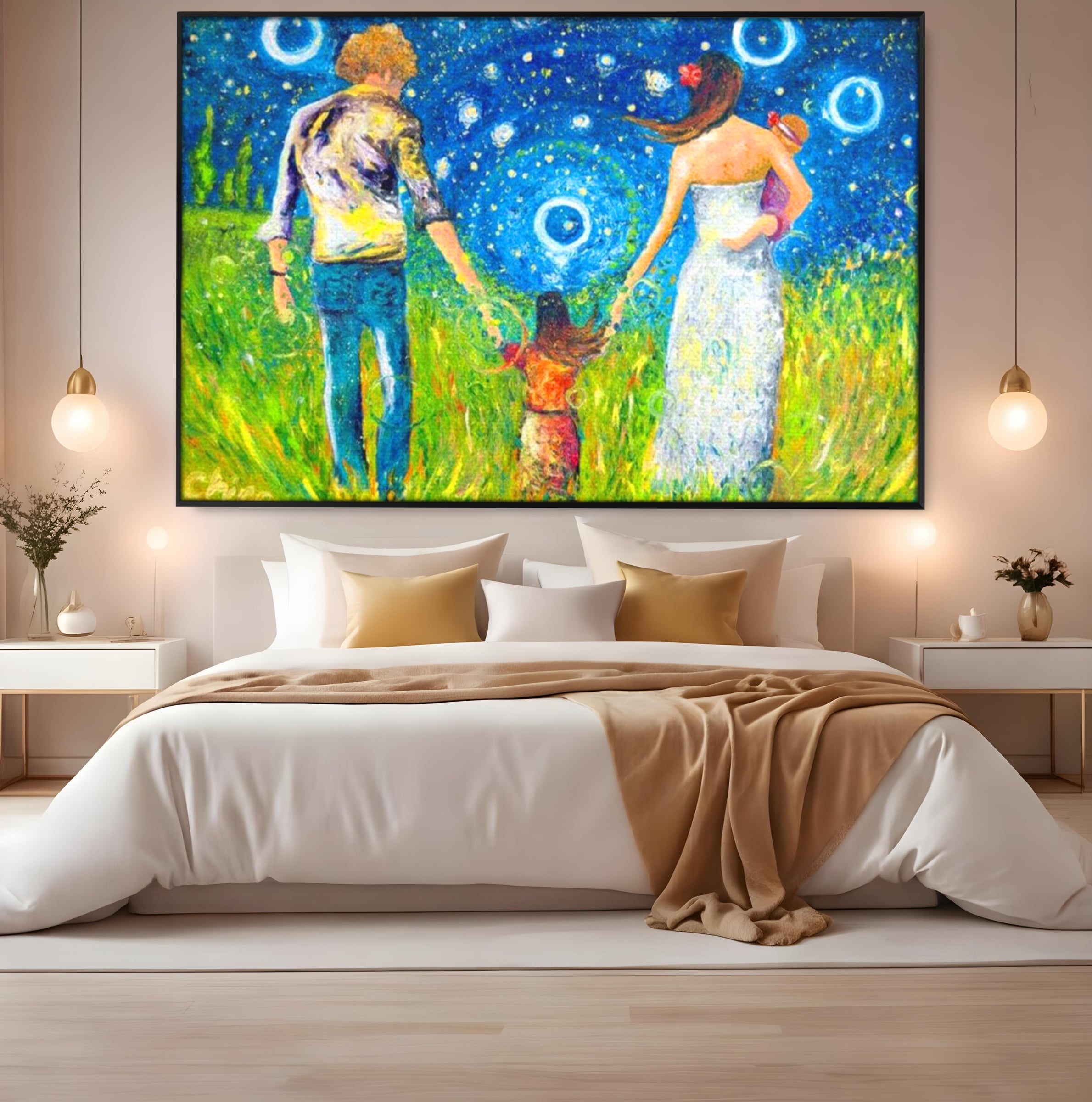 Tablou canvas cu pictura cu familie pe camp sub cer instelat, in rama de aluminiu negru, pe perete intr-un dormitor