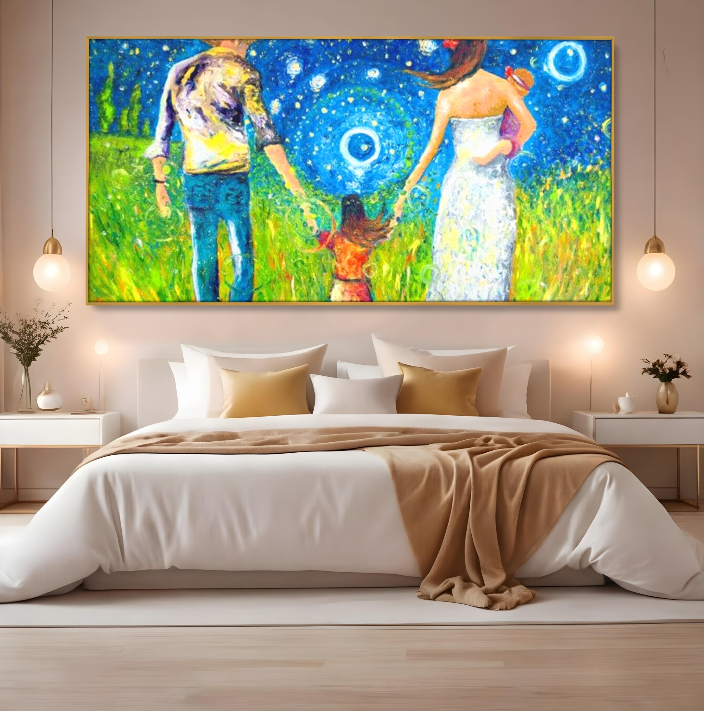 Tablou canvas cu pictura cu familie pe camp sub cer instelat, in rama de aluminiu auriu, pe perete intr-un dormitor