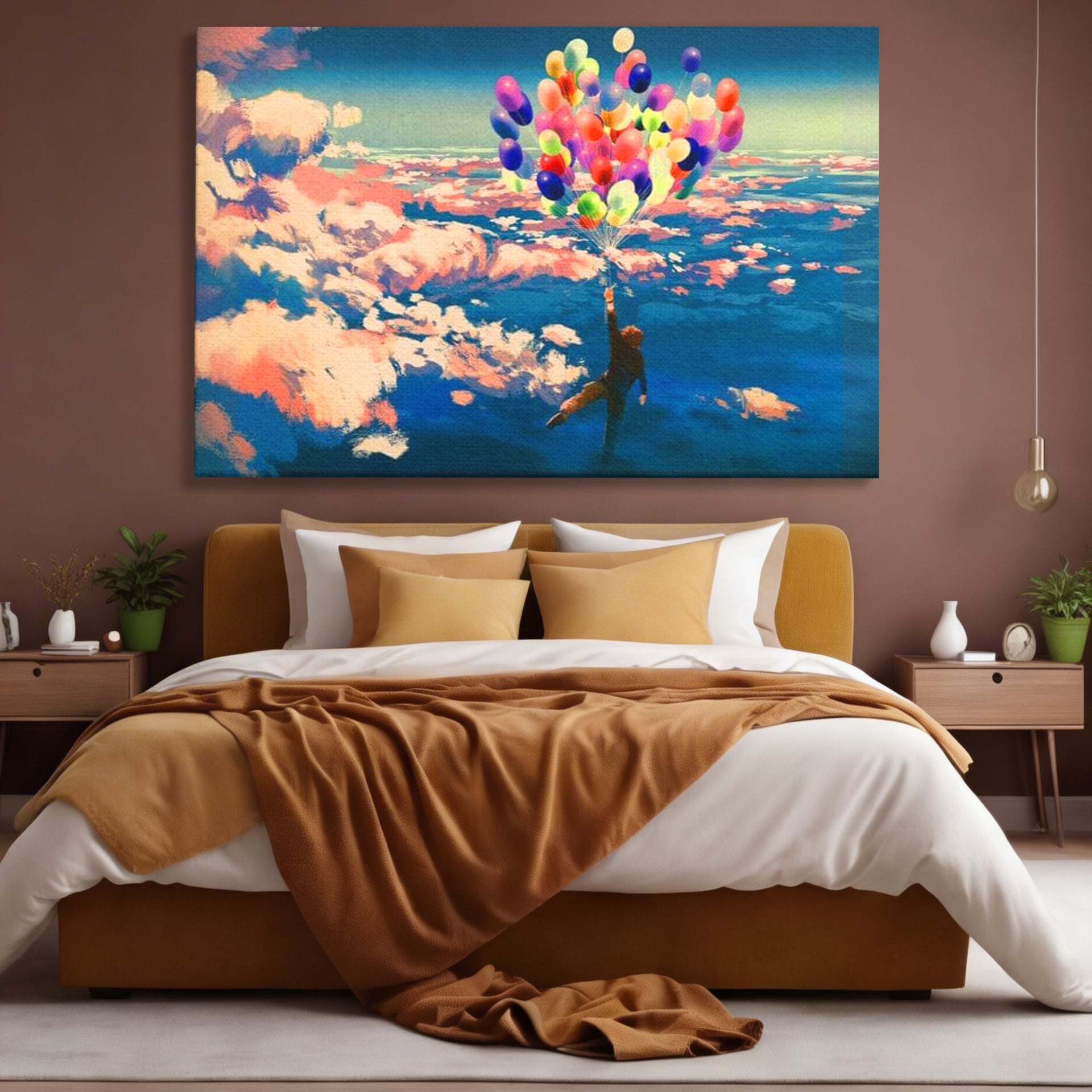 Tablou canvas cu tablou canvas cu om zburand cu baloane, fara rama, pe sasiu de lemn, pe perete intr-un dormitor
