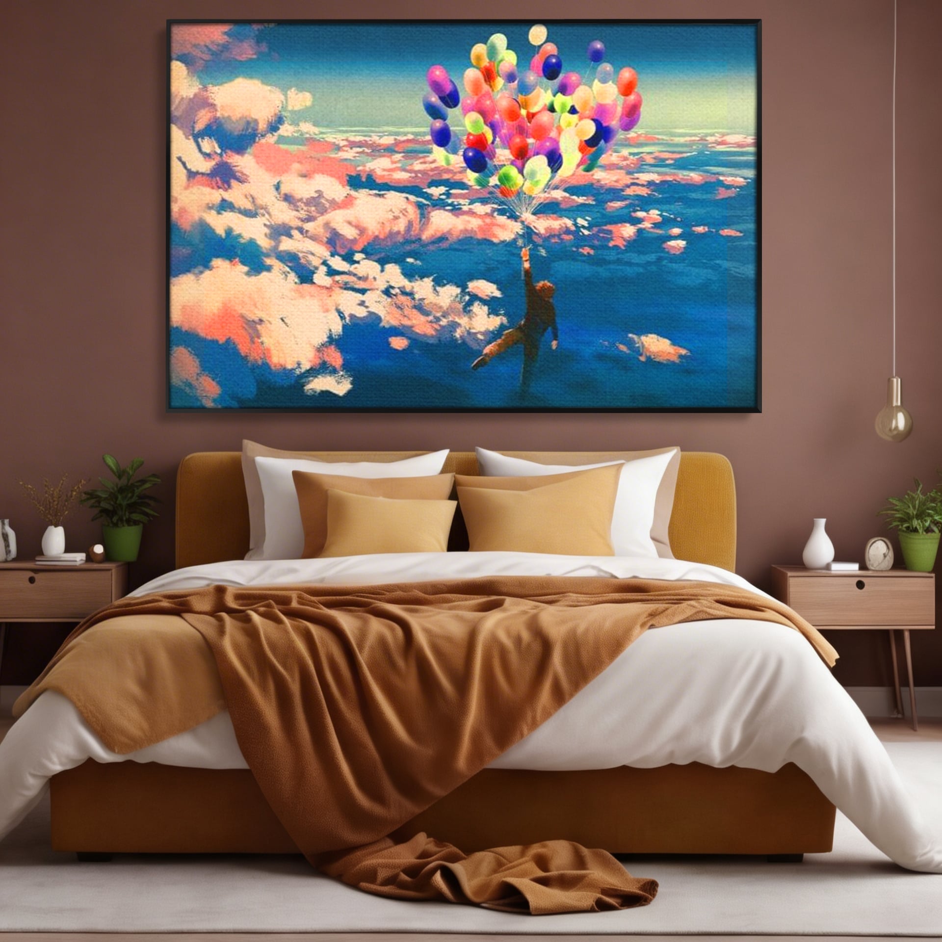 Tablou canvas cu tablou canvas cu om zburand cu baloane, in rama de aluminiu negru, pe perete intr-un dormitor