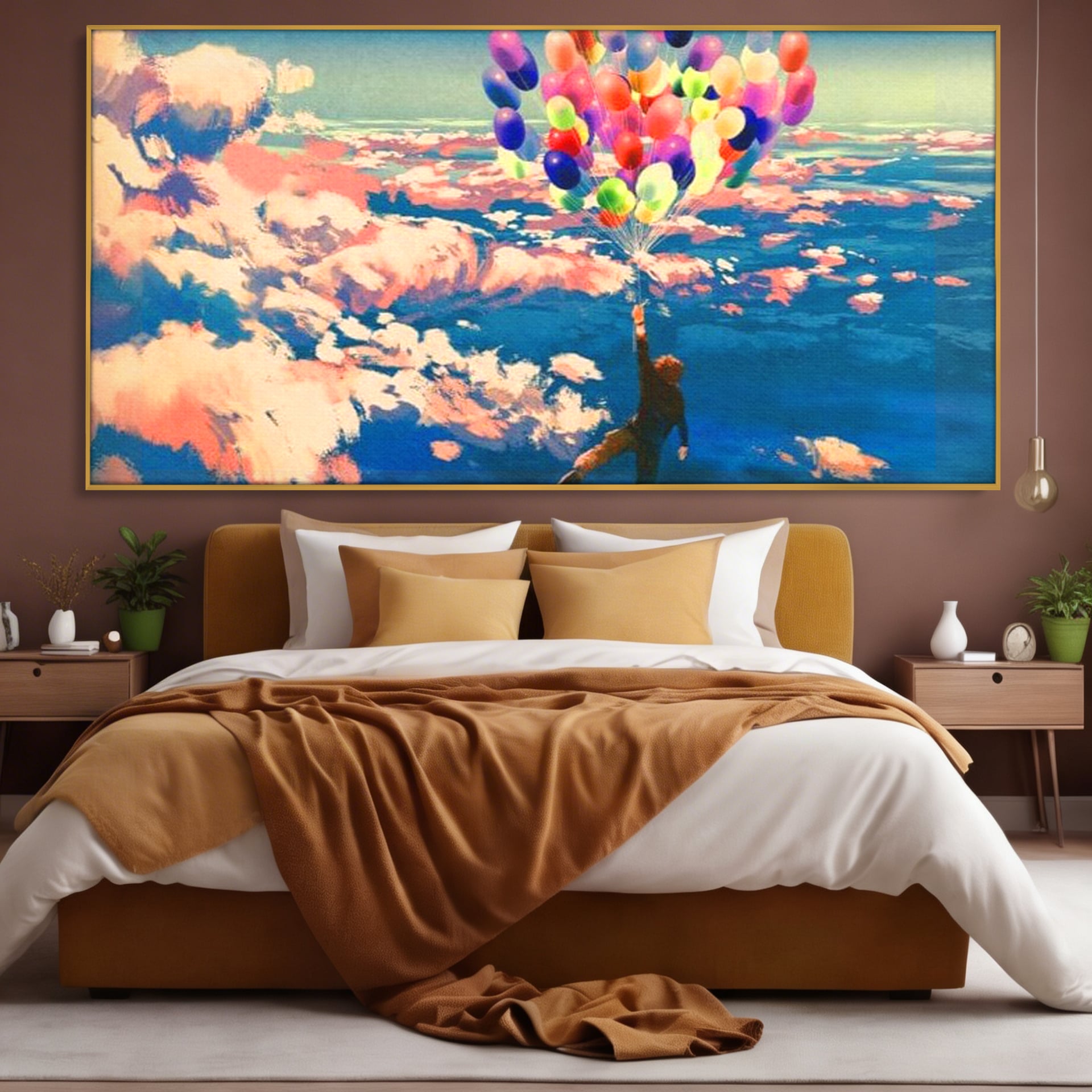 Tablou canvas cu tablou canvas cu om zburand cu baloane, in rama de aluminiu auriu, pe perete intr-un dormitor