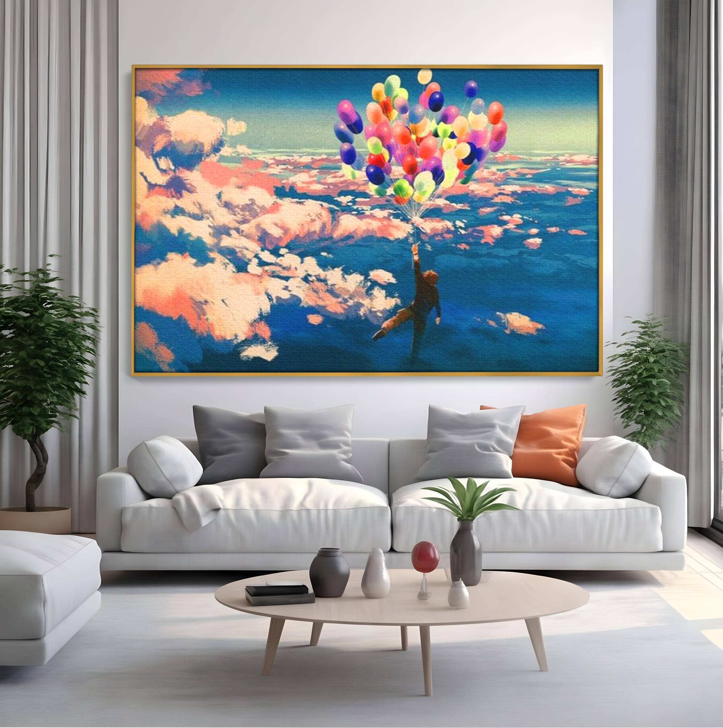 Tablou canvas cu tablou canvas cu om zburand cu baloane, in rama de aluminiu auriu, pe perete intr-un living
