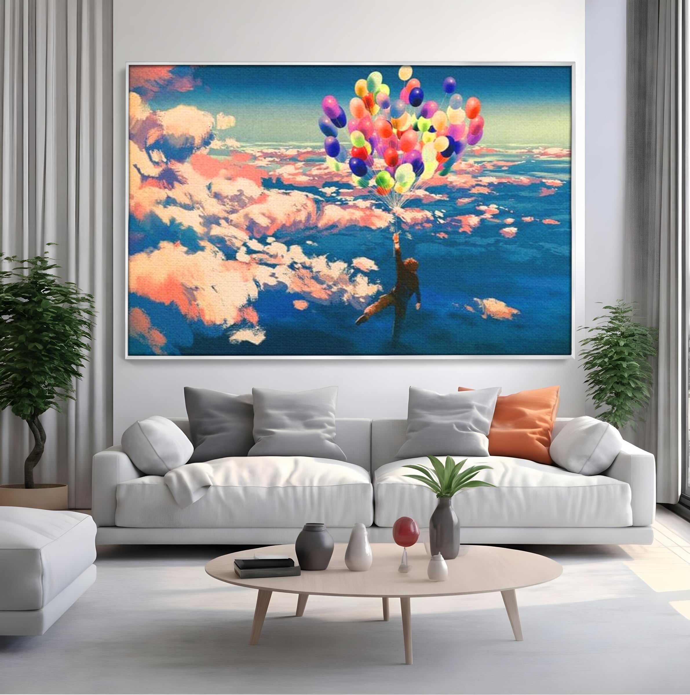 Tablou canvas cu tablou canvas cu om zburand cu baloane, in rama de aluminiu argintiu, pe perete intr-un living