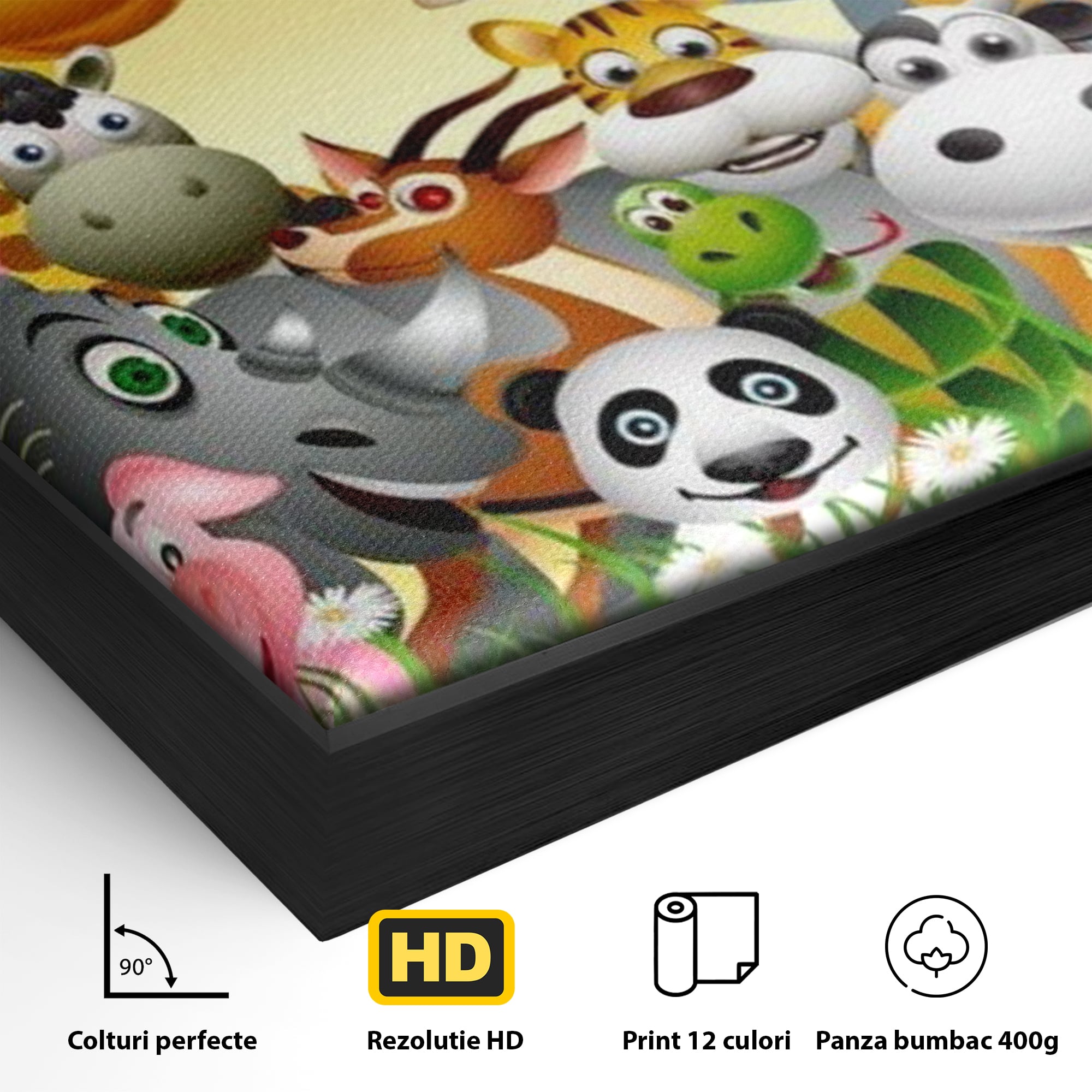 Detaliu al suprafetei: tablou canvas cu animale din jungla, in rama de aluminiu negru