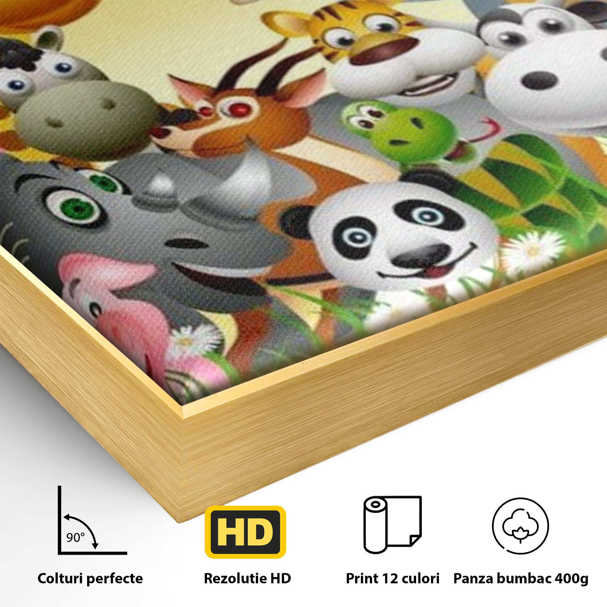 Detaliu al suprafetei: tablou canvas cu animale din jungla, in rama de aluminiu auriu