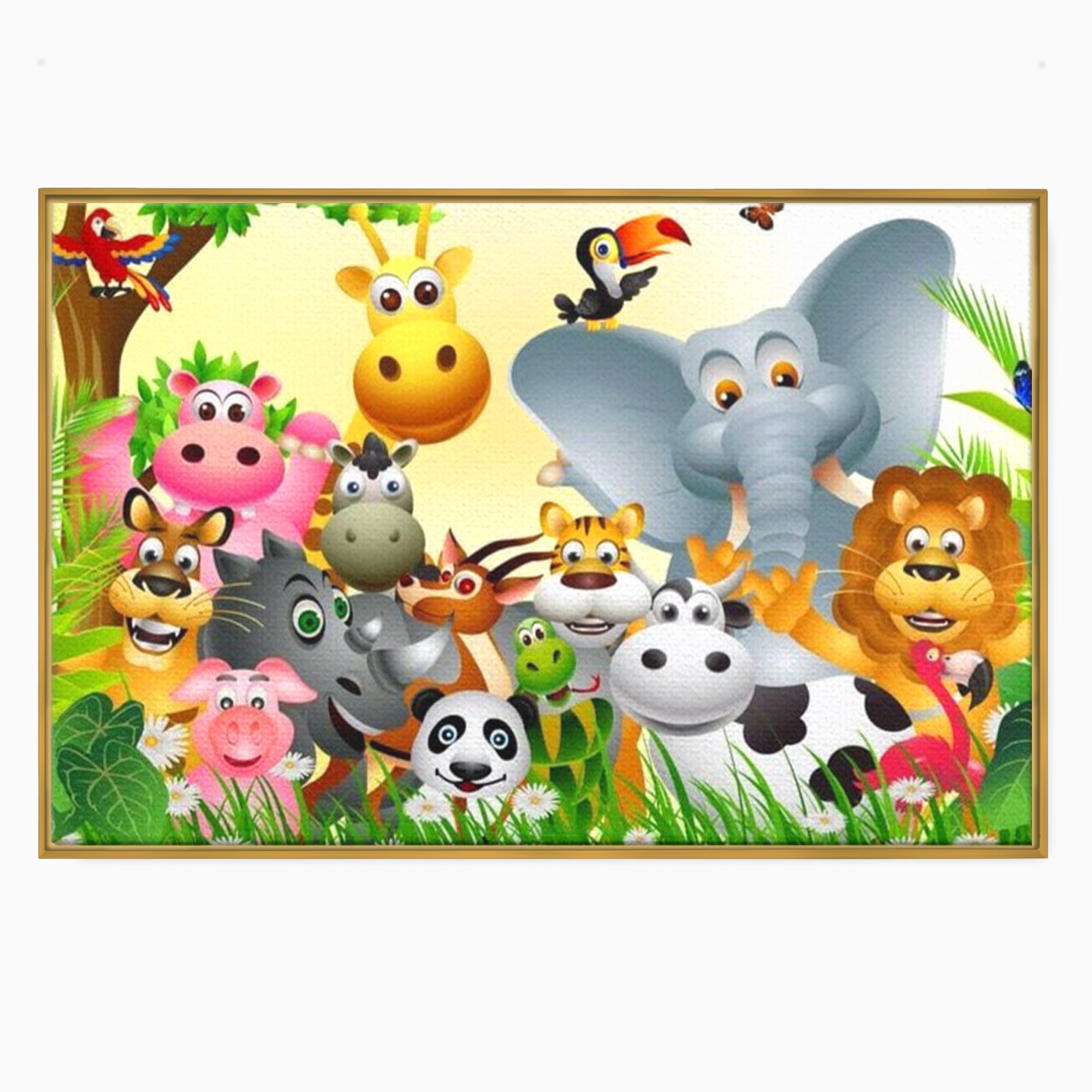 Tablou canvas cu tablou canvas cu animale din jungla, in rama de aluminiu auriu