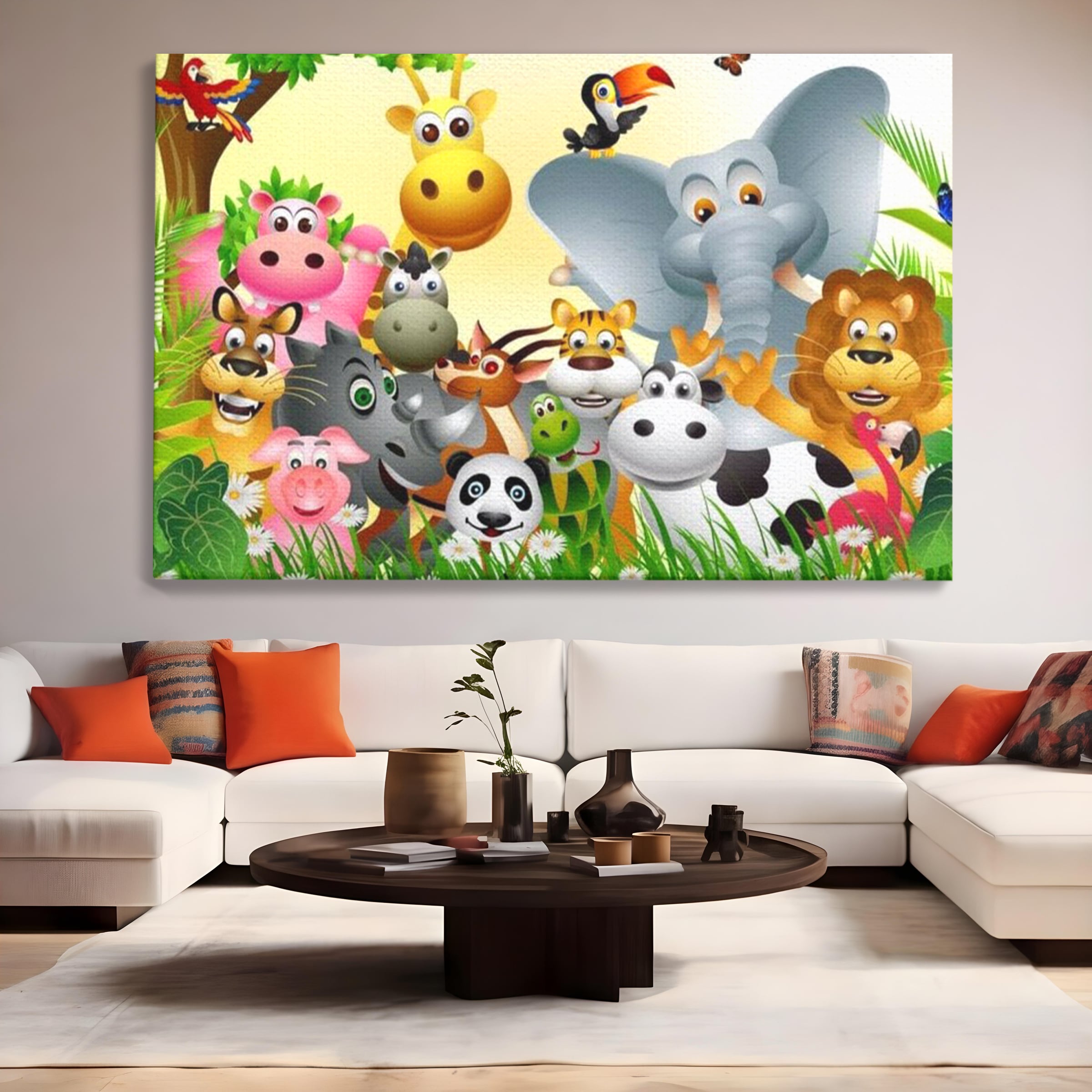 Tablou canvas cu tablou canvas cu animale din jungla, fara rama, pe sasiu de lemn, pe perete intr-un living