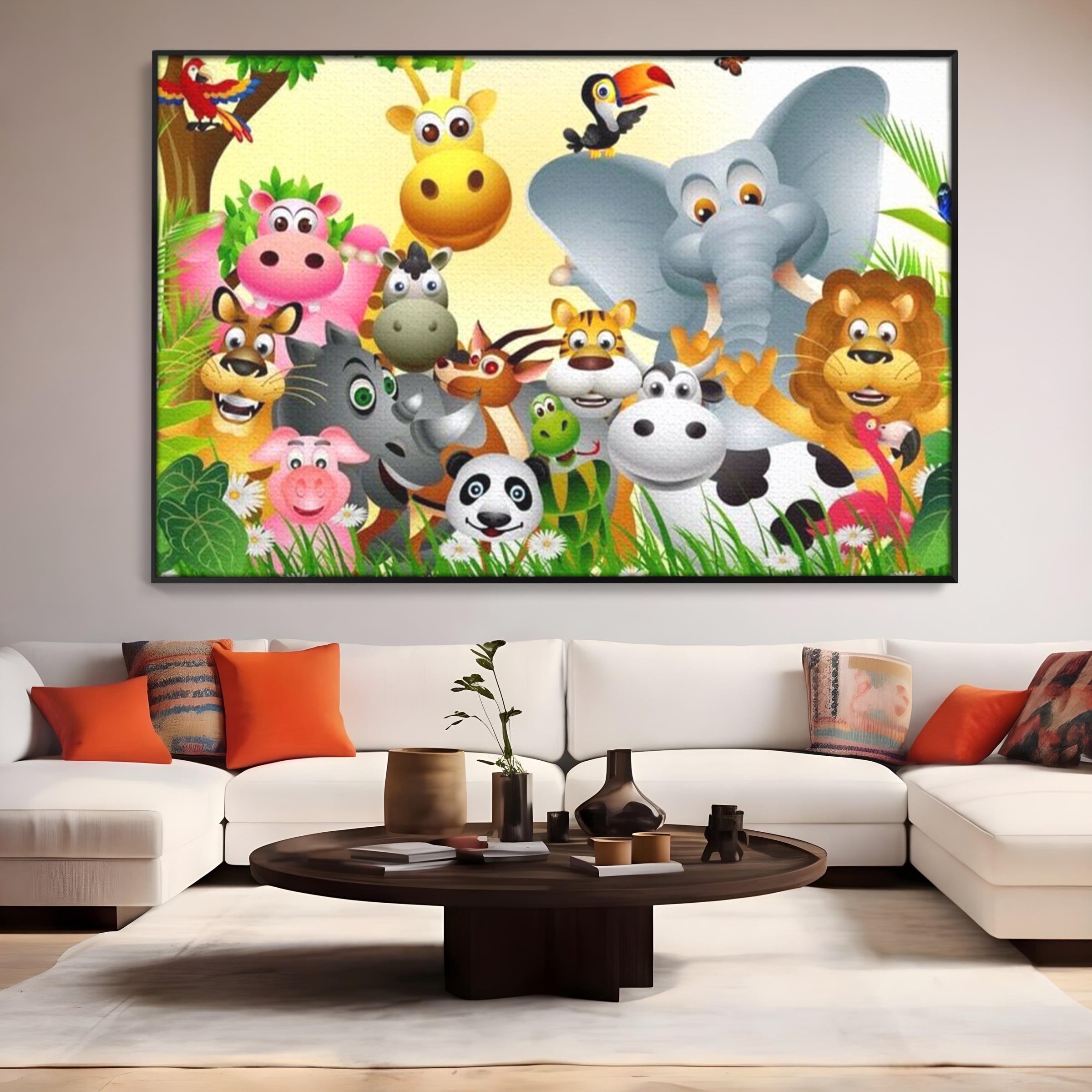 Tablou canvas cu tablou canvas cu animale din jungla, in rama de aluminiu negru, pe perete intr-un living