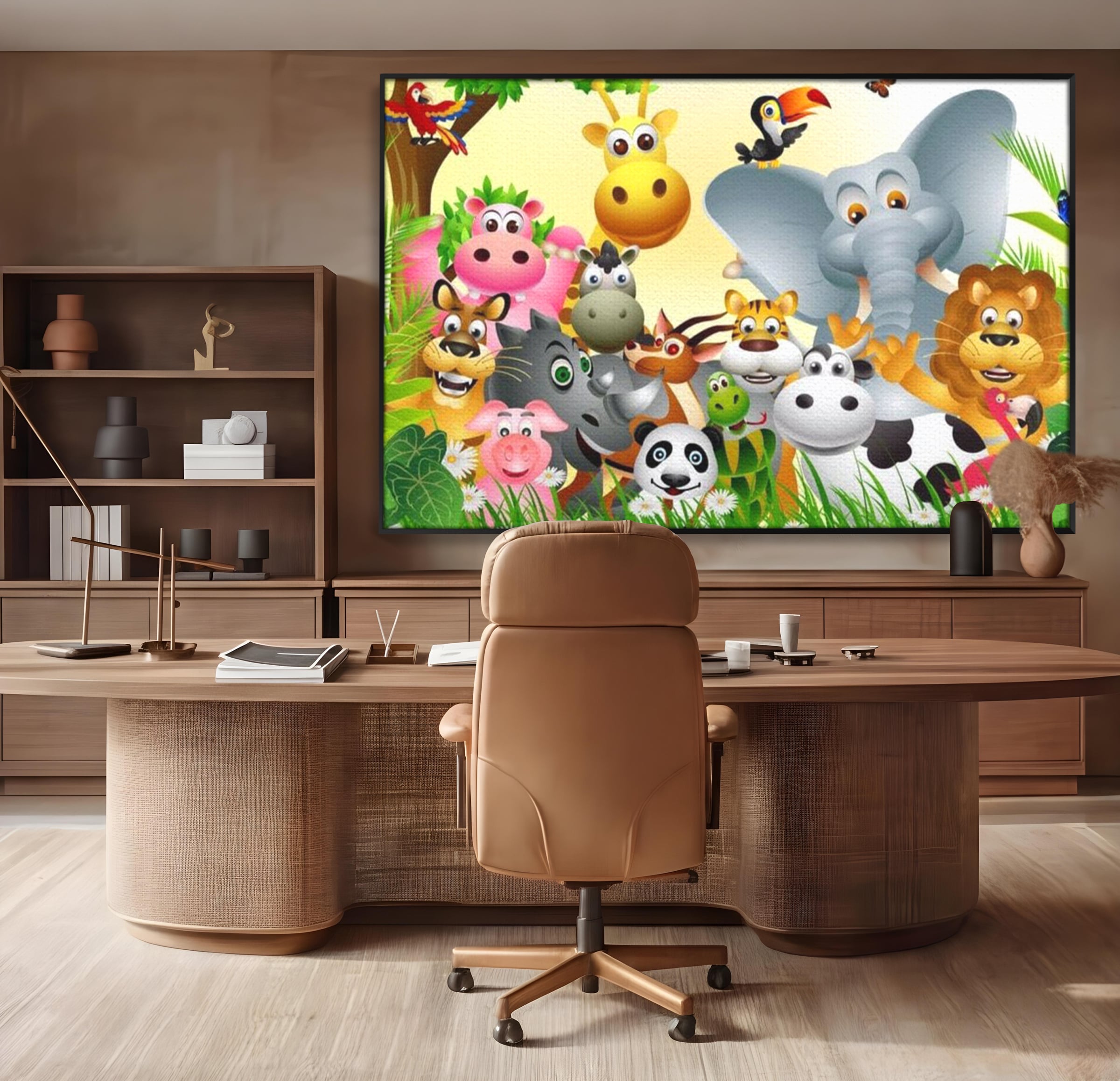 Tablou canvas cu tablou canvas cu animale din jungla, in rama de aluminiu negru, pe perete intr-un birou