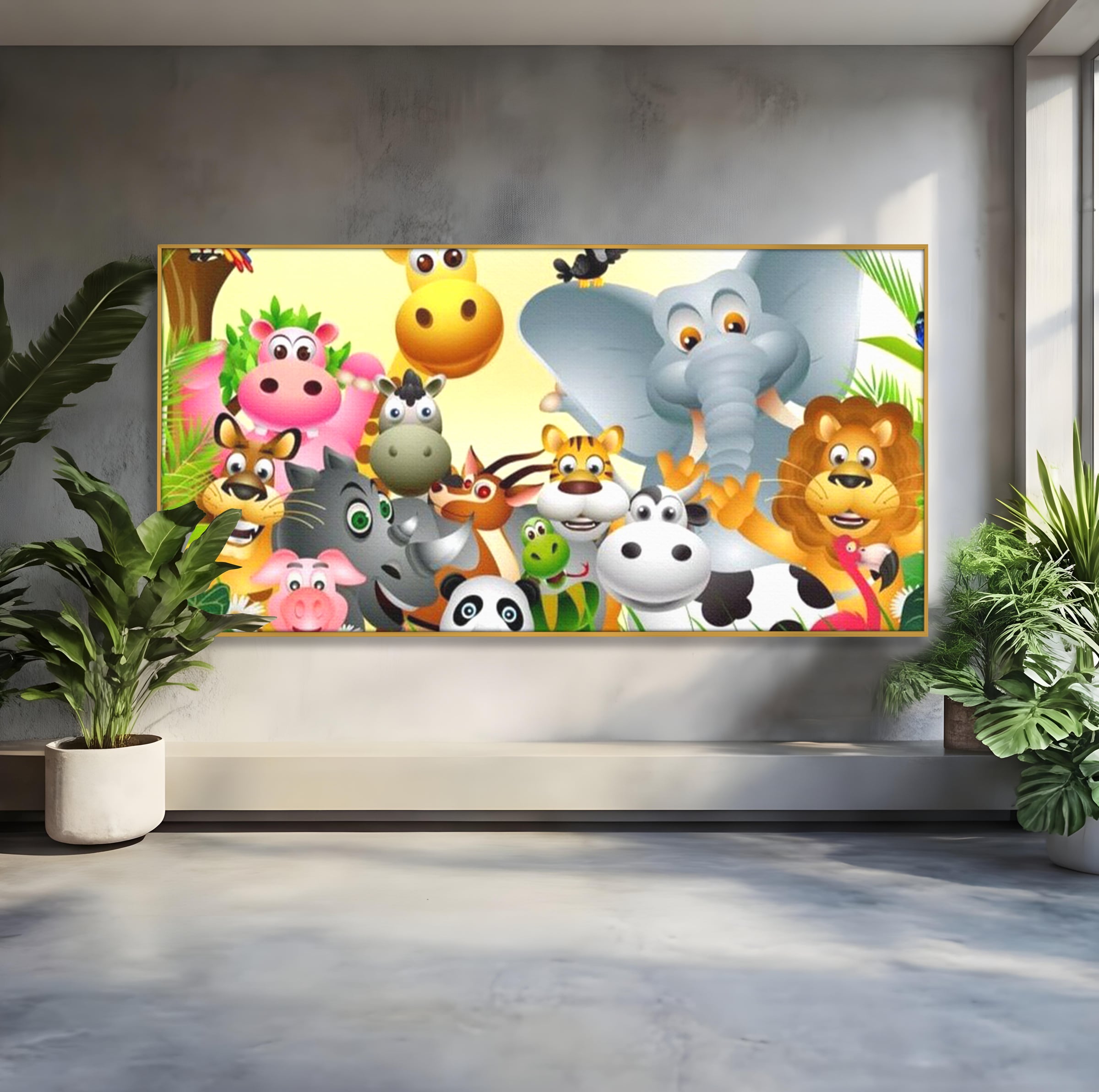 Tablou canvas cu tablou canvas cu animale din jungla, in rama de aluminiu auriu
