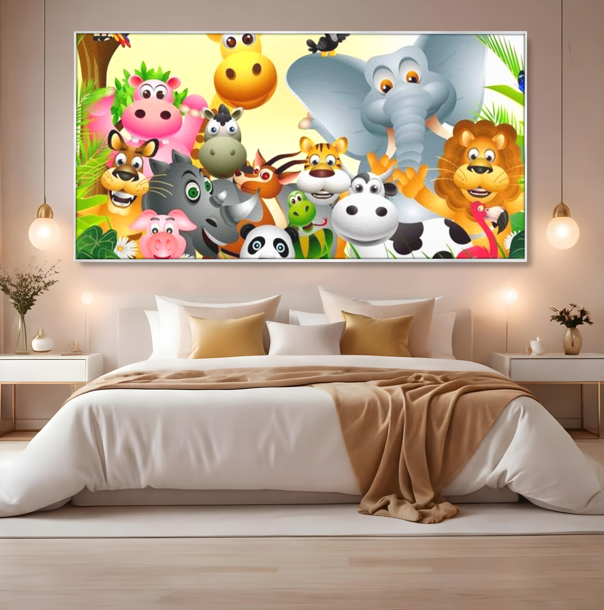 Tablou canvas cu tablou canvas cu animale din jungla, in rama de aluminiu argintiu, pe perete intr-un dormitor