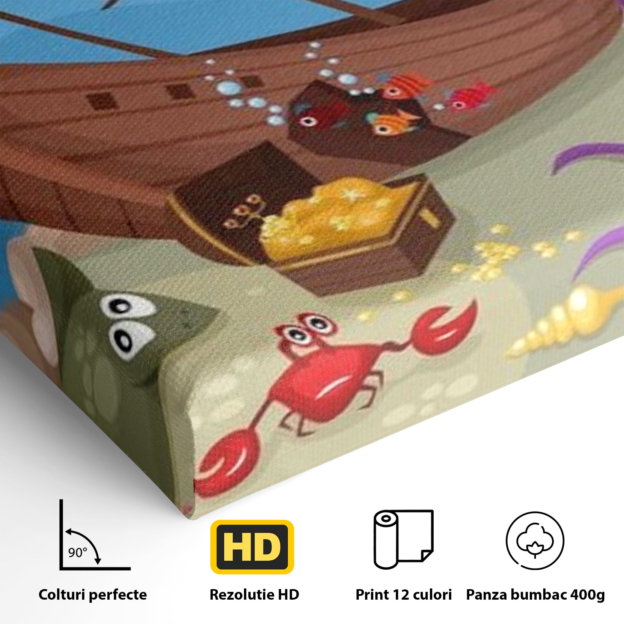 Detaliu al suprafetei: ilustratie animata cu vietuitoare marine si epava, fara rama, pe sasiu de lemn