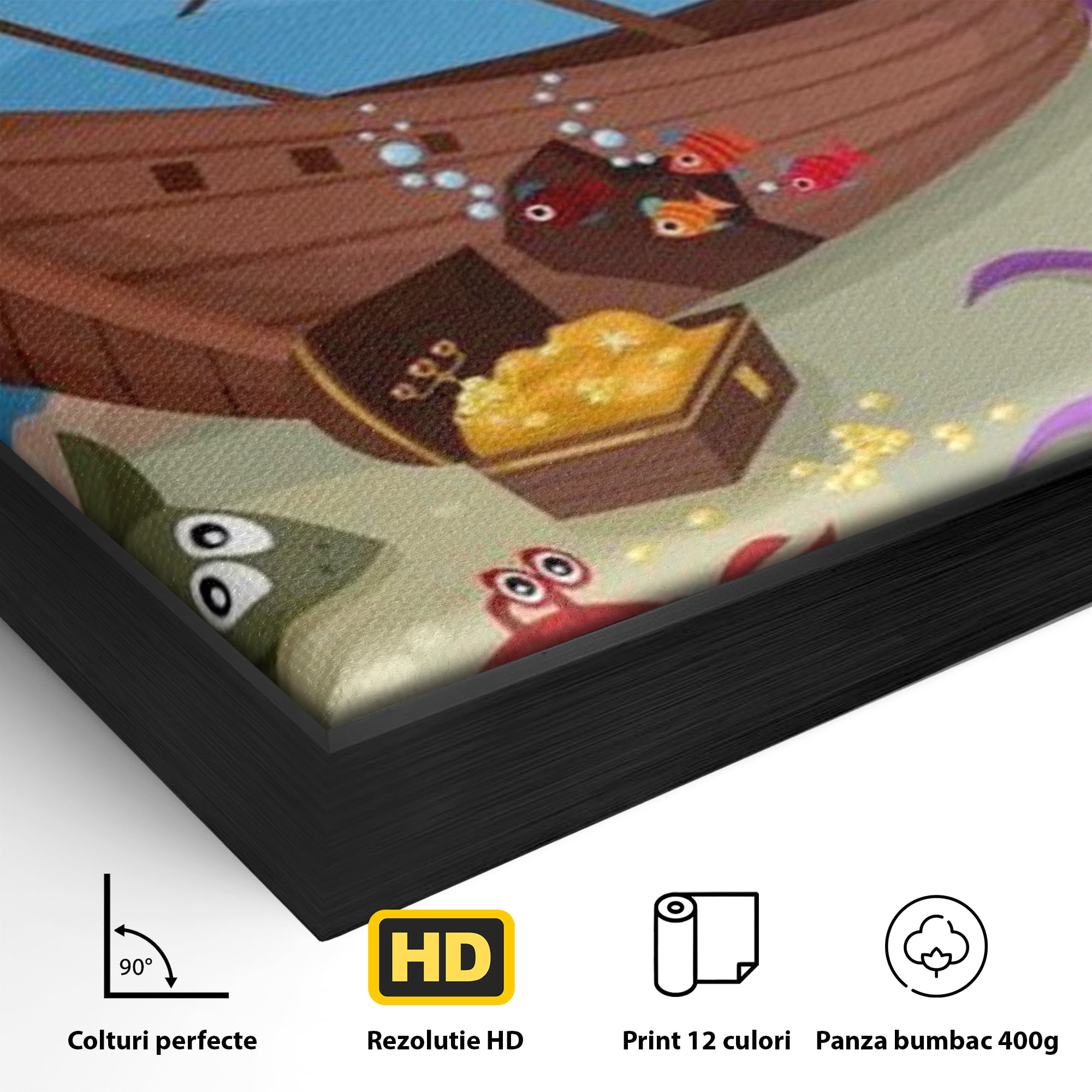 Detaliu al suprafetei: ilustratie animata cu vietuitoare marine si epava, in rama de aluminiu negru