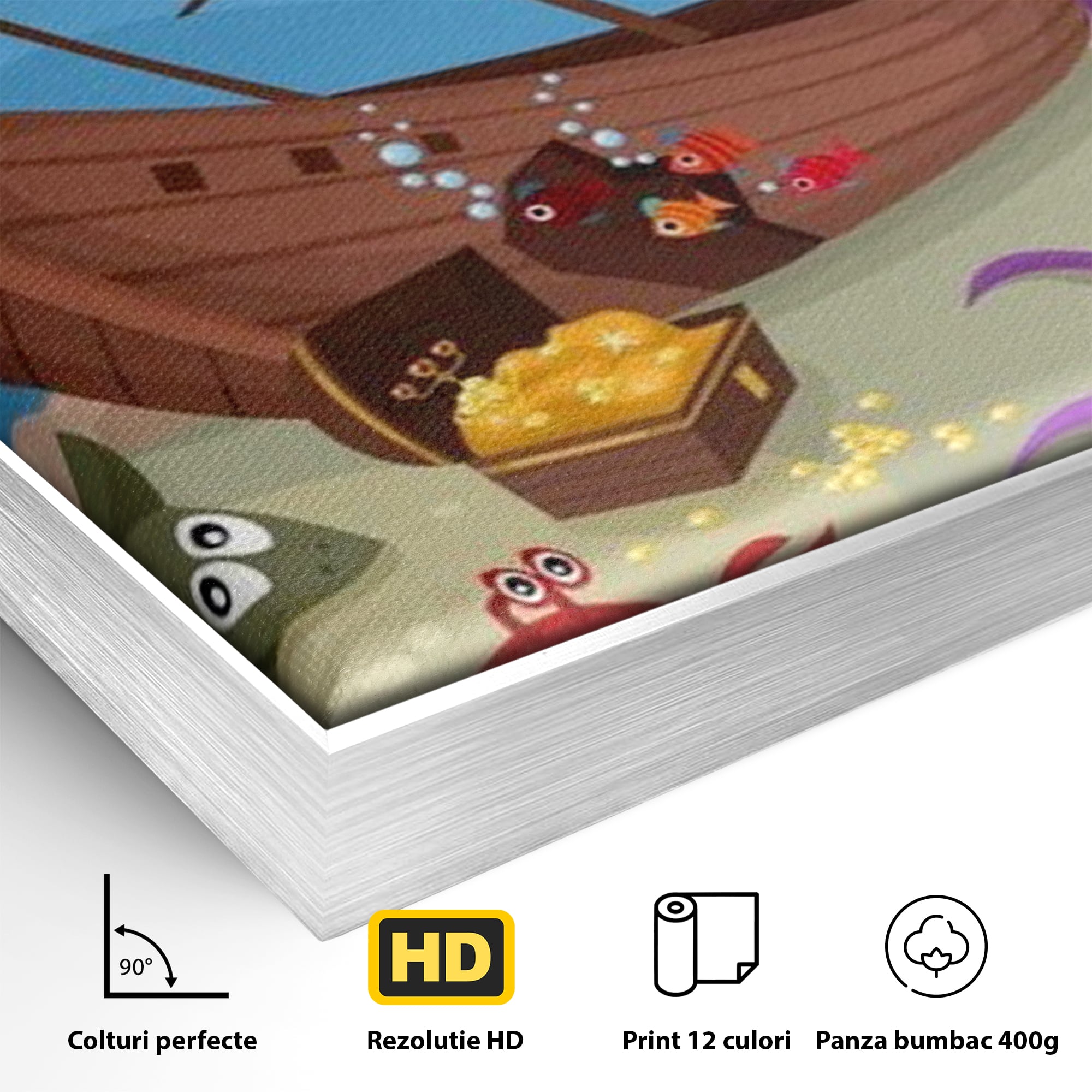 Detaliu al suprafetei: ilustratie animata cu vietuitoare marine si epava, in rama de aluminiu argintiu