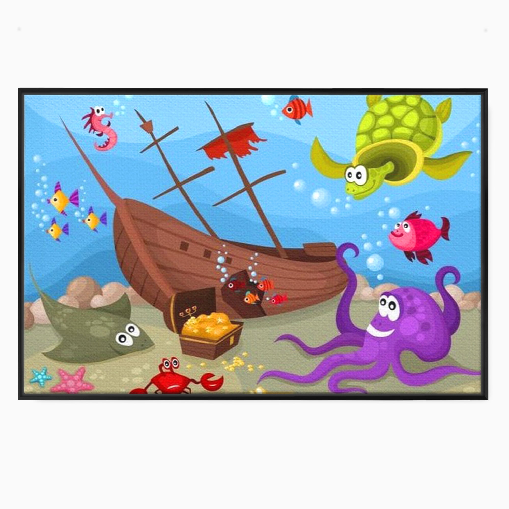 Tablou canvas cu ilustratie animata cu vietuitoare marine si epava, in rama de aluminiu negru