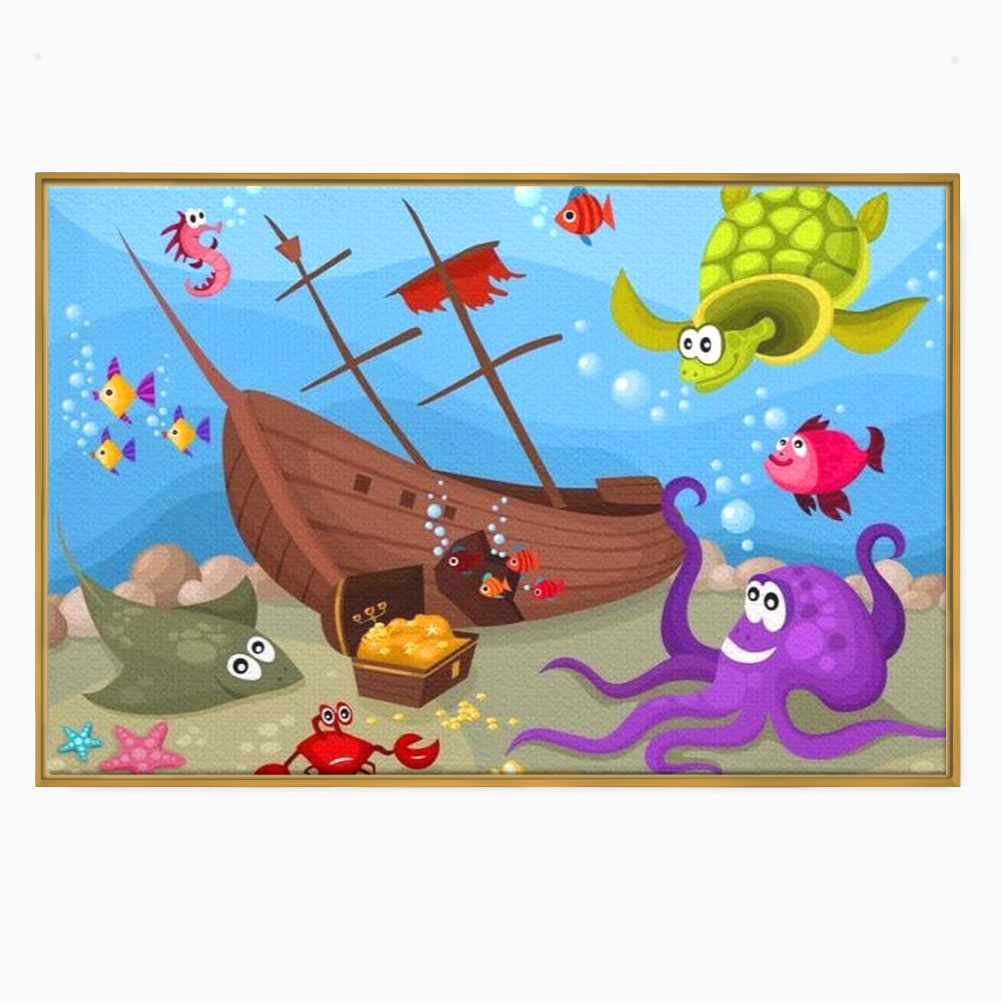 Tablou canvas cu ilustratie animata cu vietuitoare marine si epava, in rama de aluminiu auriu