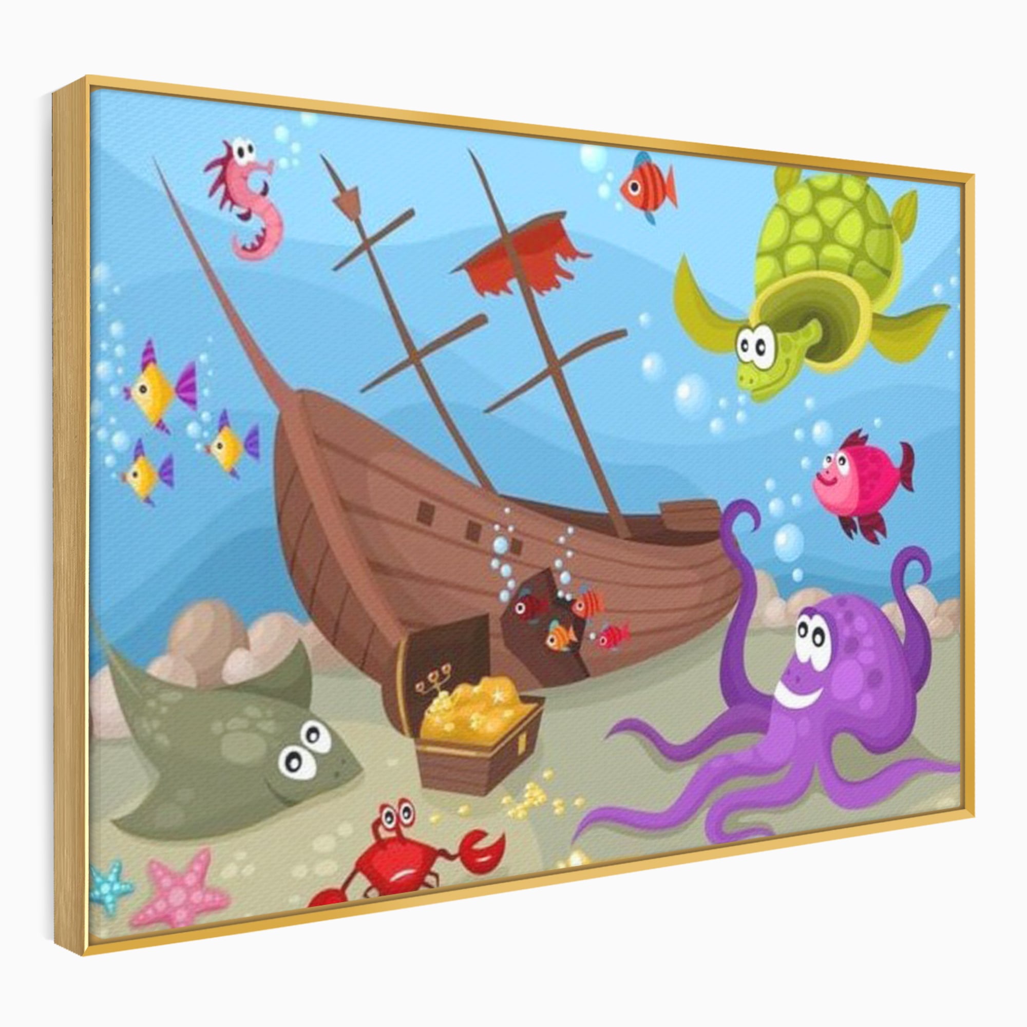 Tablou canvas cu ilustratie animata cu vietuitoare marine si epava, in rama de aluminiu auriu