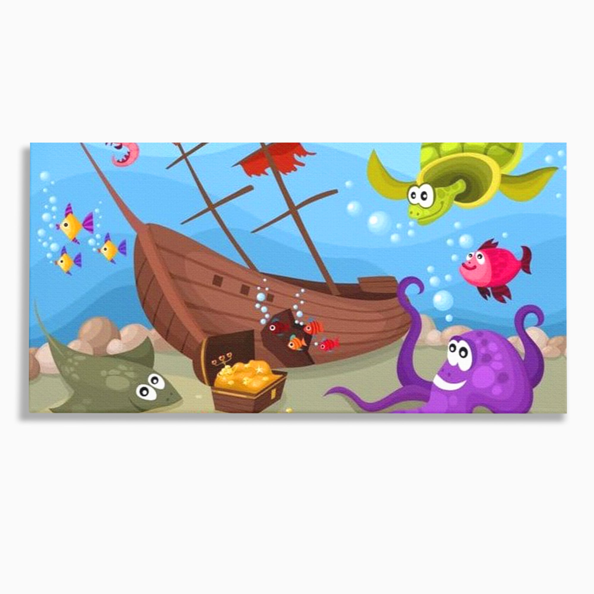 Tablou canvas cu ilustratie animata cu vietuitoare marine si epava, fara rama, pe sasiu de lemn