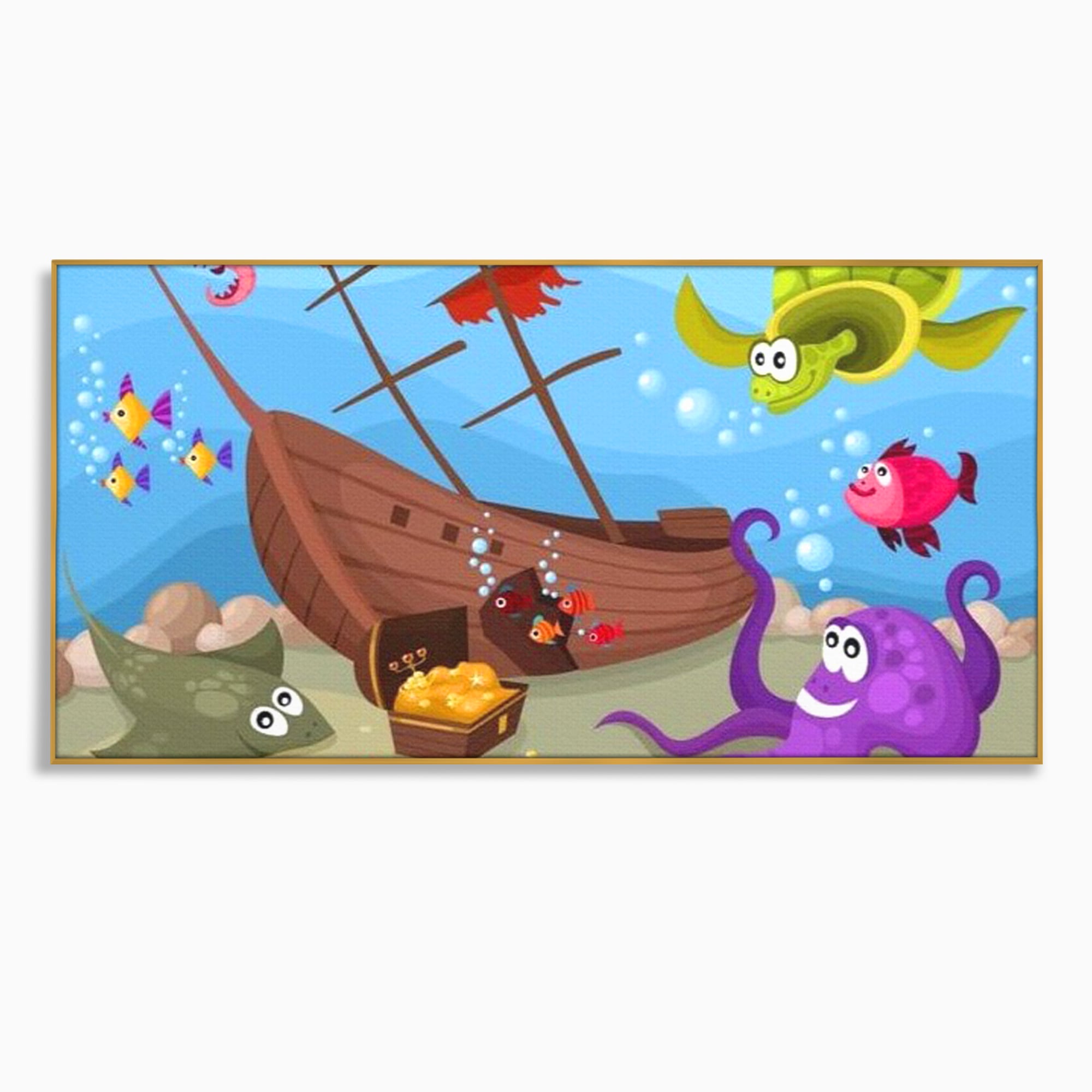 Tablou canvas cu ilustratie animata cu vietuitoare marine si epava, in rama de aluminiu auriu
