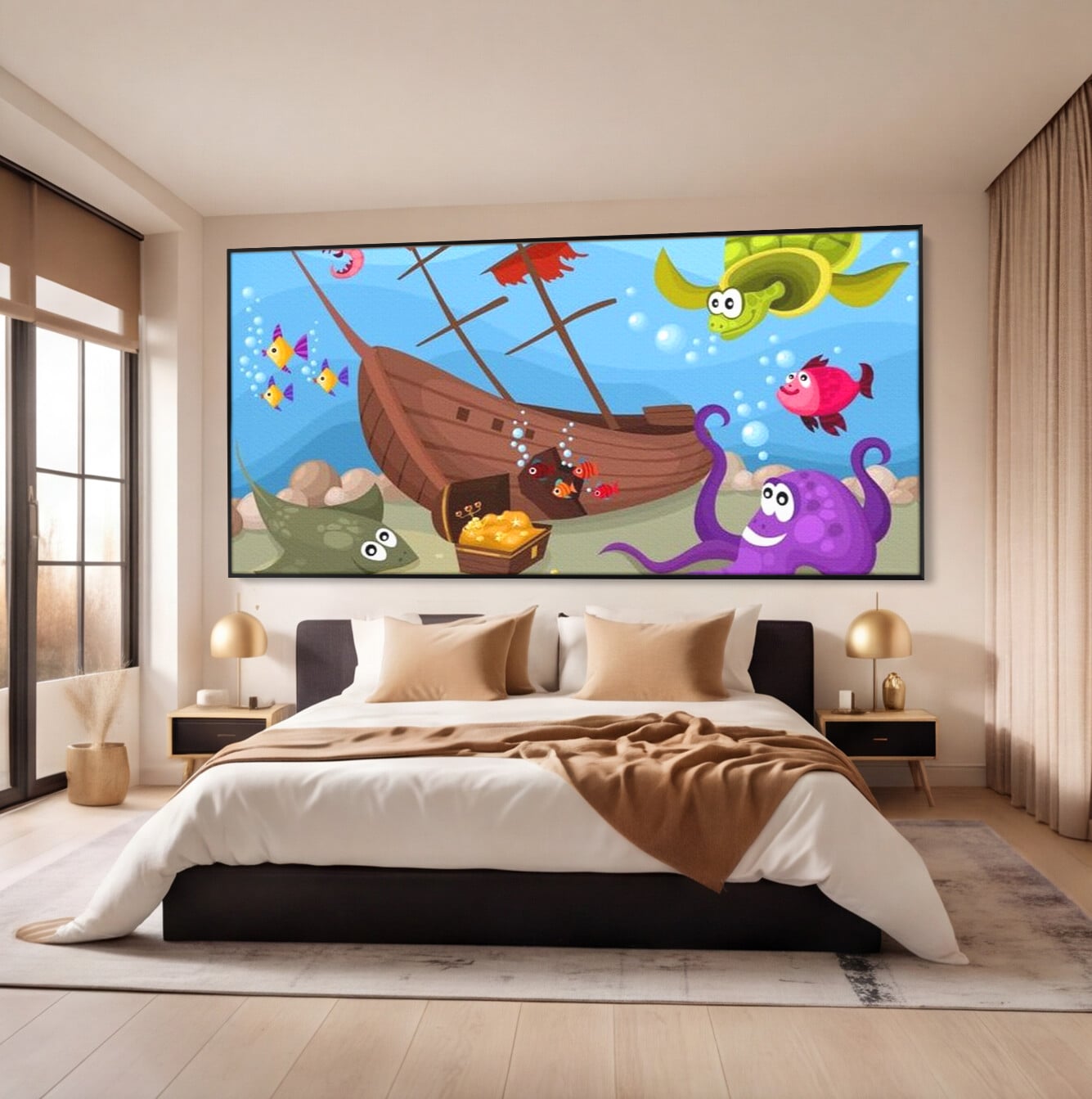 Tablou canvas cu ilustratie animata cu vietuitoare marine si epava, in rama de aluminiu negru, pe perete intr-un dormitor
