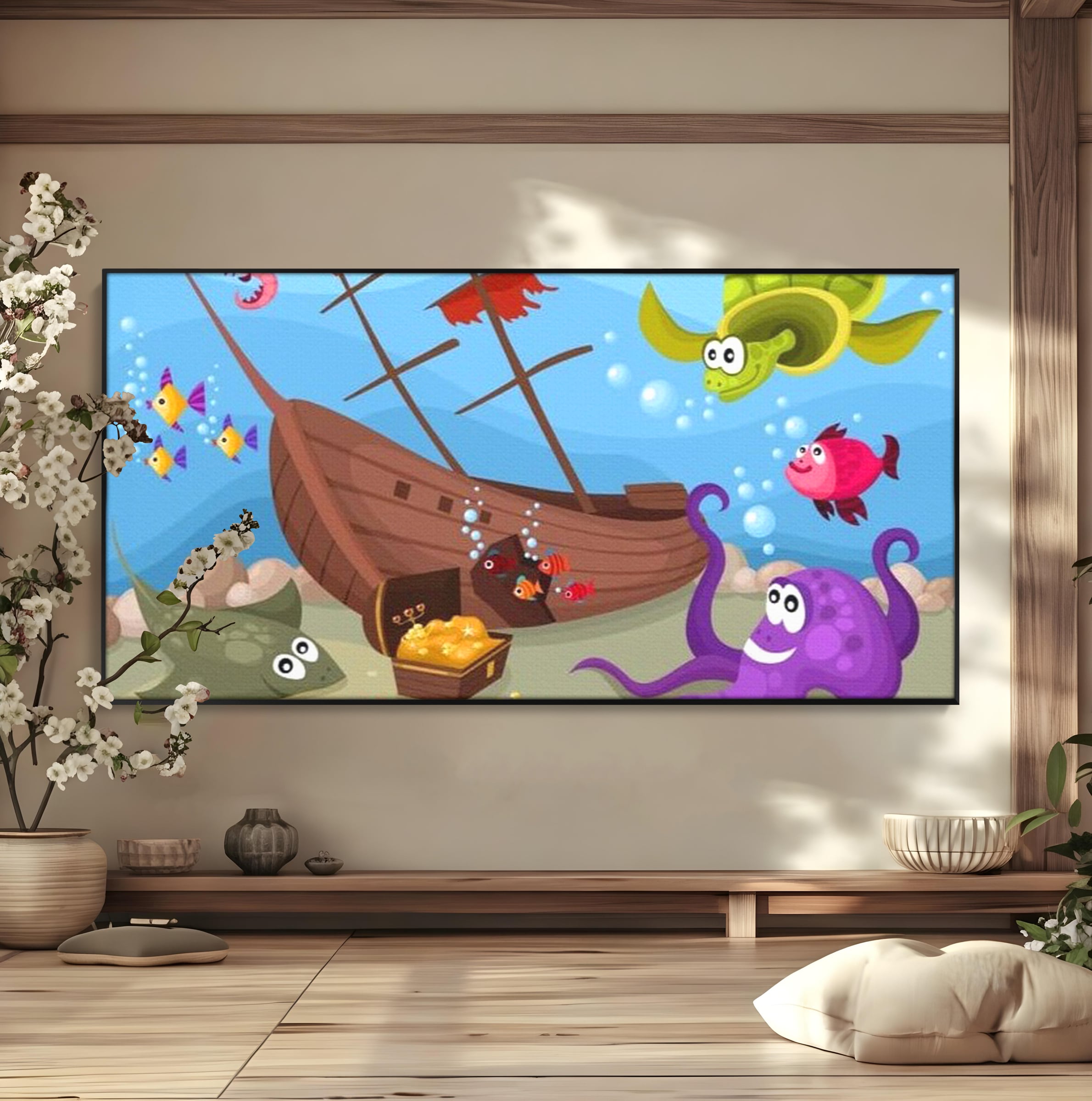 Tablou canvas cu ilustratie animata cu vietuitoare marine si epava, in rama de aluminiu negru