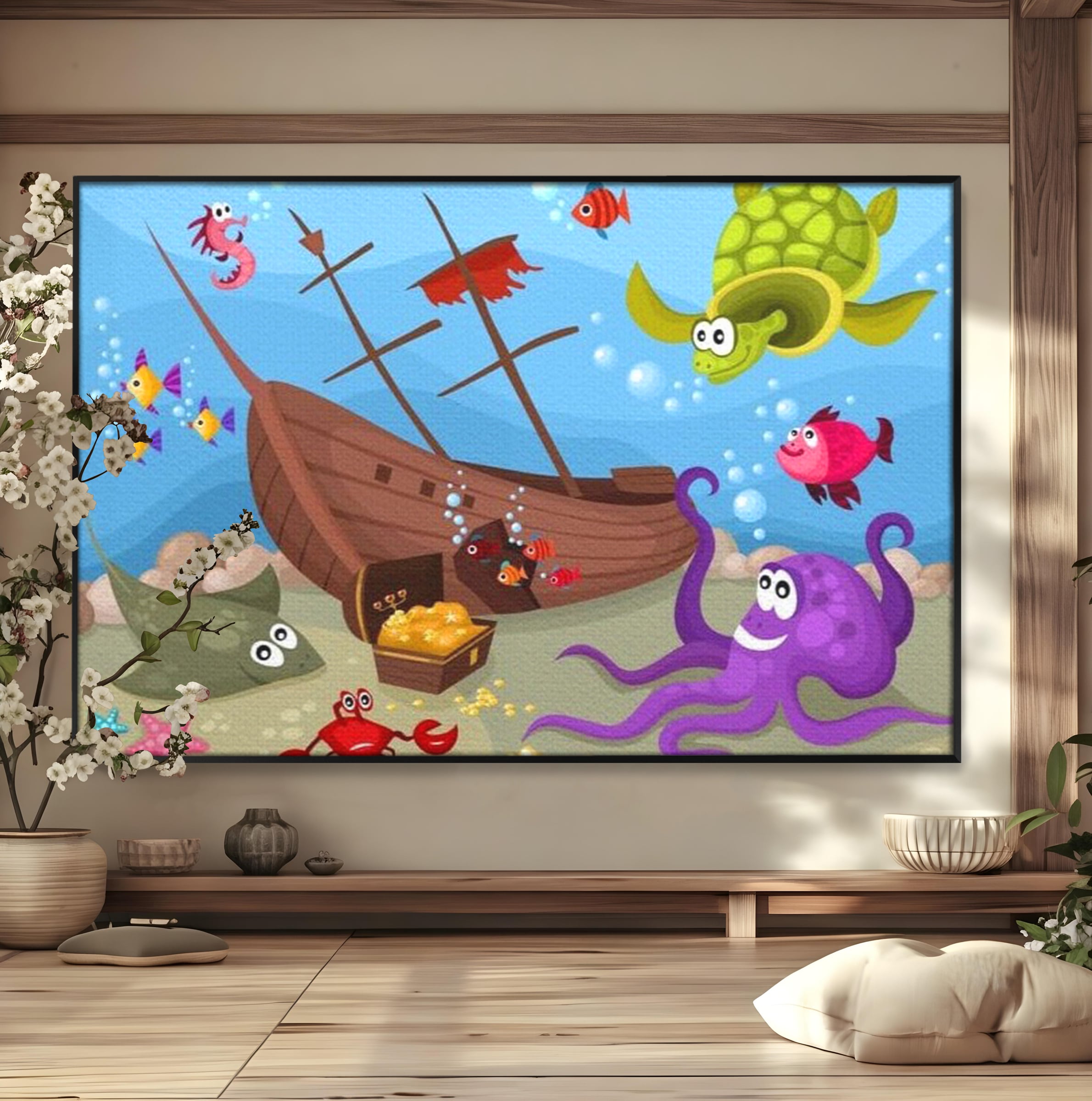 Tablou canvas cu ilustratie animata cu vietuitoare marine si epava, in rama de aluminiu negru