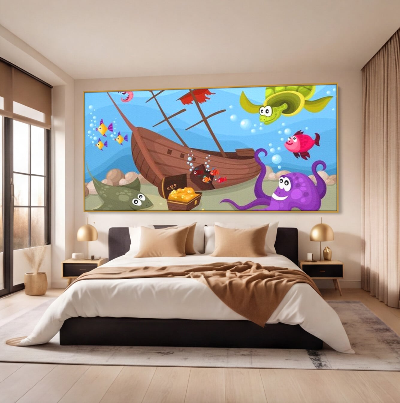 Tablou canvas cu ilustratie animata cu vietuitoare marine si epava, in rama de aluminiu auriu, pe perete intr-un dormitor