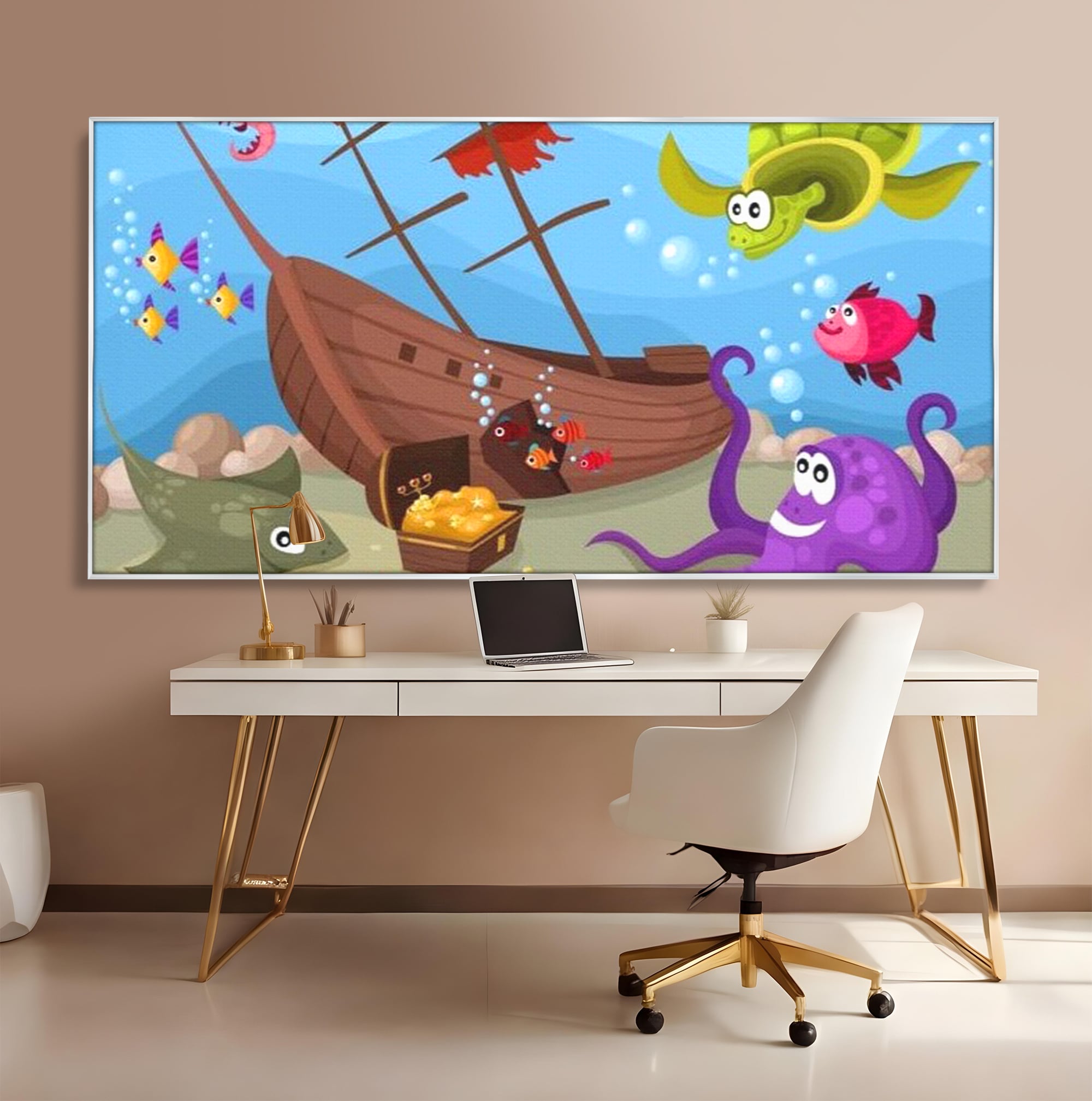Tablou canvas cu ilustratie animata cu vietuitoare marine si epava, in rama de aluminiu argintiu, pe perete intr-un birou