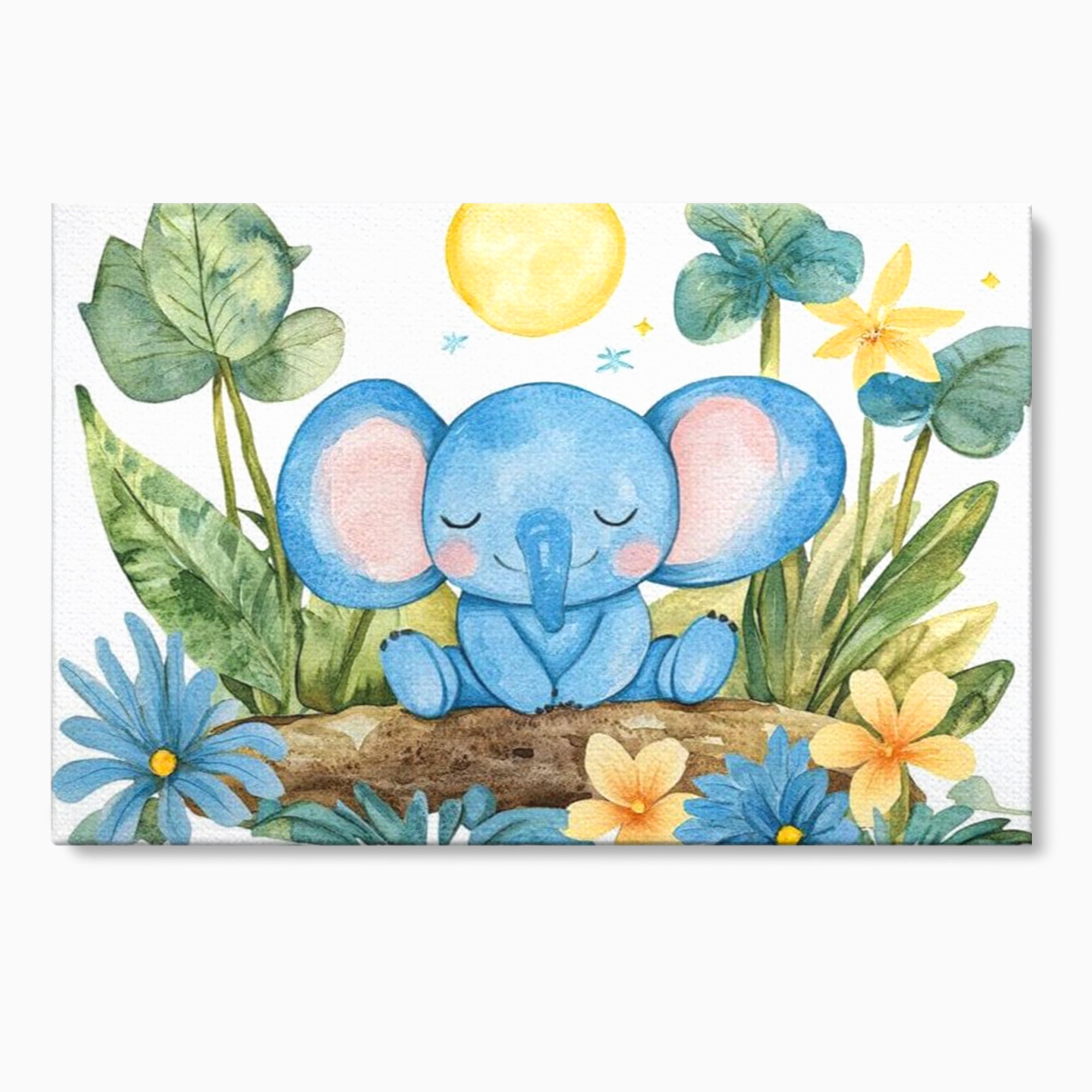 Tablou canvas cu ilustratie cu elefant albastru dormind pe o tulpina, fara rama, pe sasiu de lemn
