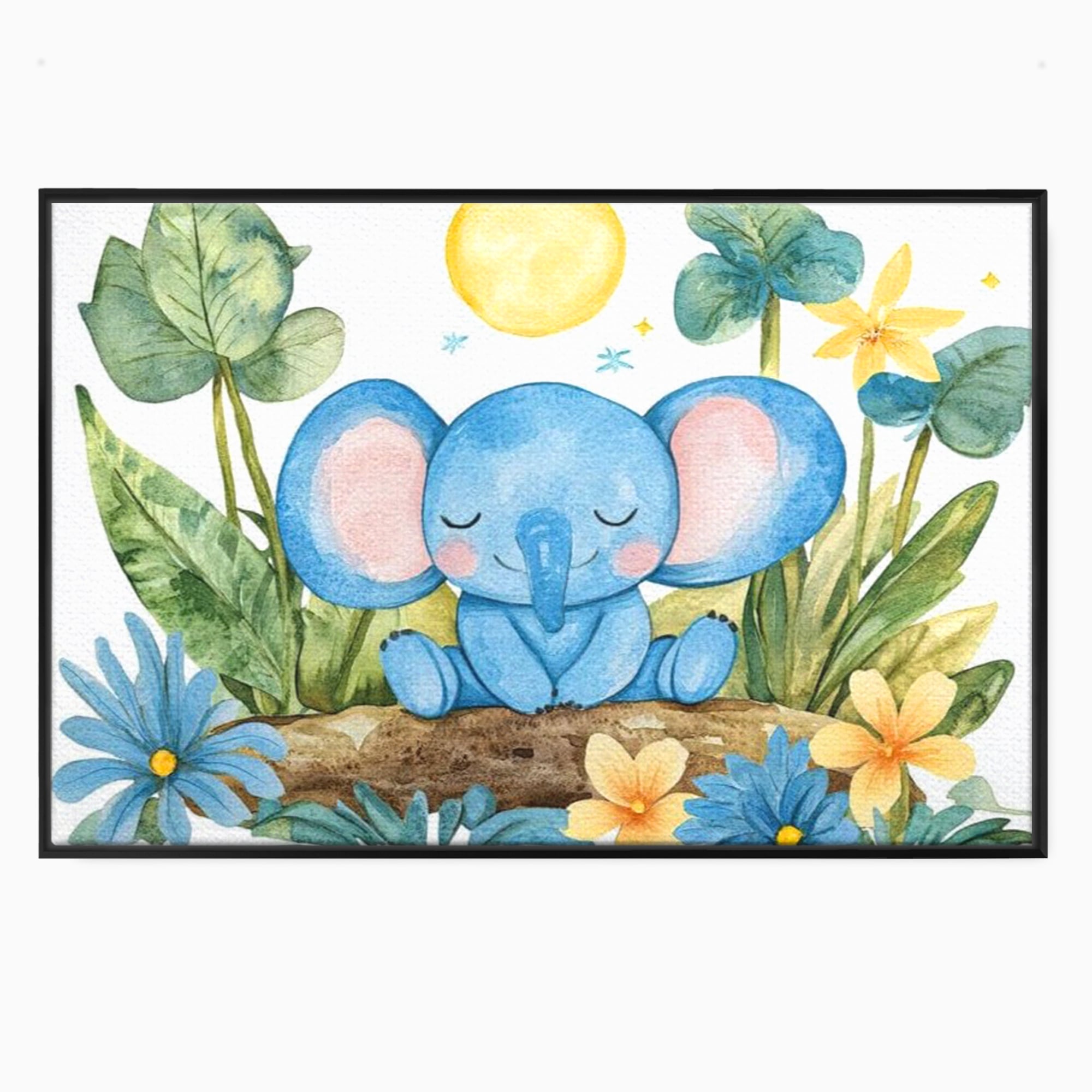 Tablou canvas cu ilustratie cu elefant albastru dormind pe o tulpina, in rama de aluminiu negru