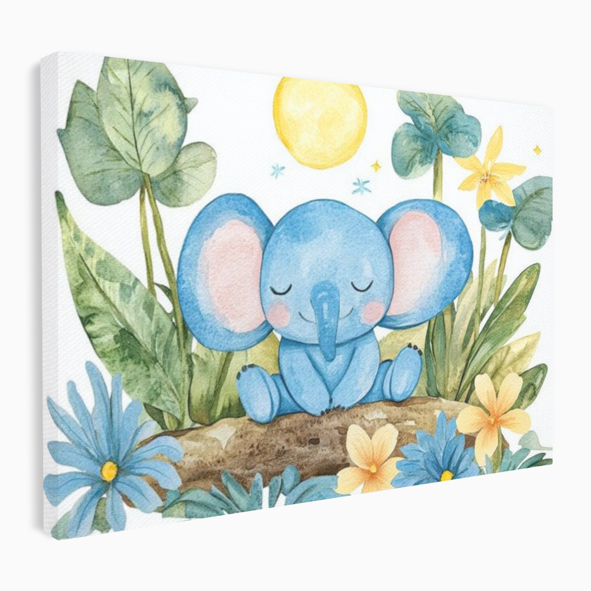 Tablou canvas cu ilustratie cu elefant albastru dormind pe o tulpina, fara rama, pe sasiu de lemn