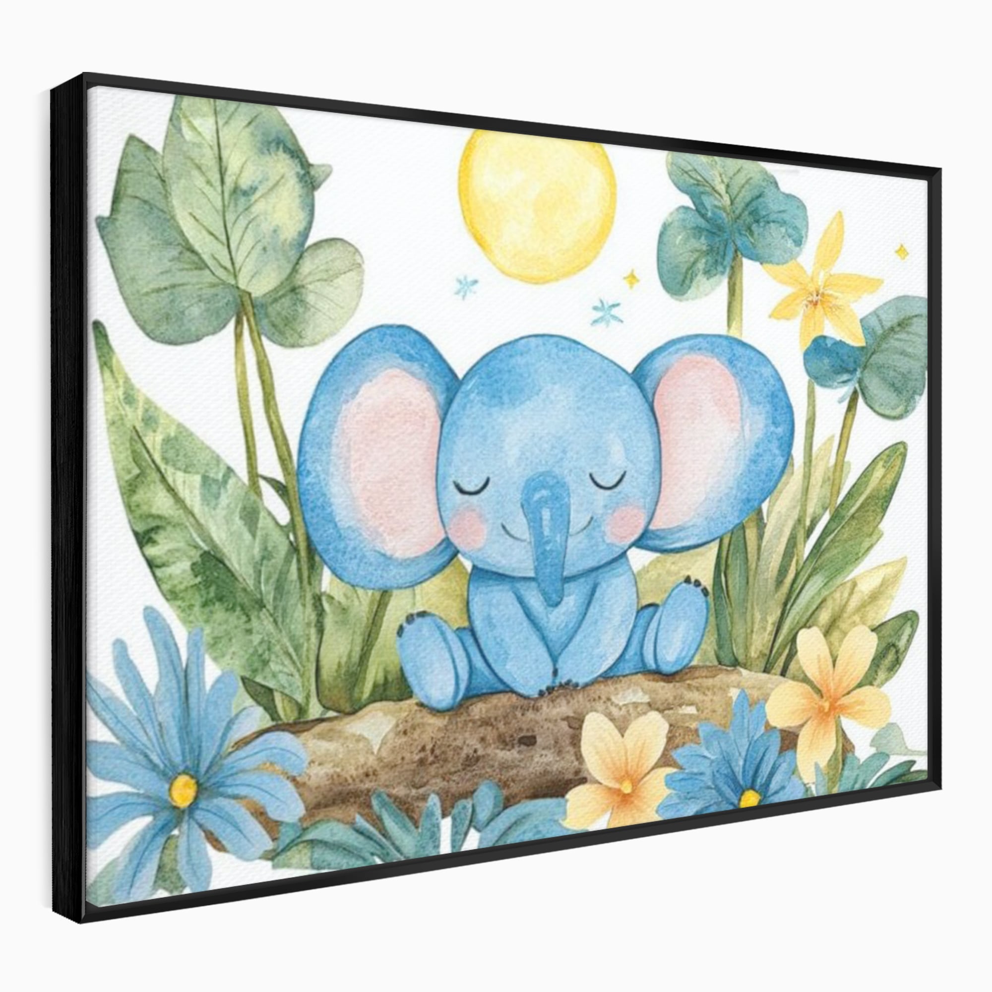 Tablou canvas cu ilustratie cu elefant albastru dormind pe o tulpina, in rama de aluminiu negru
