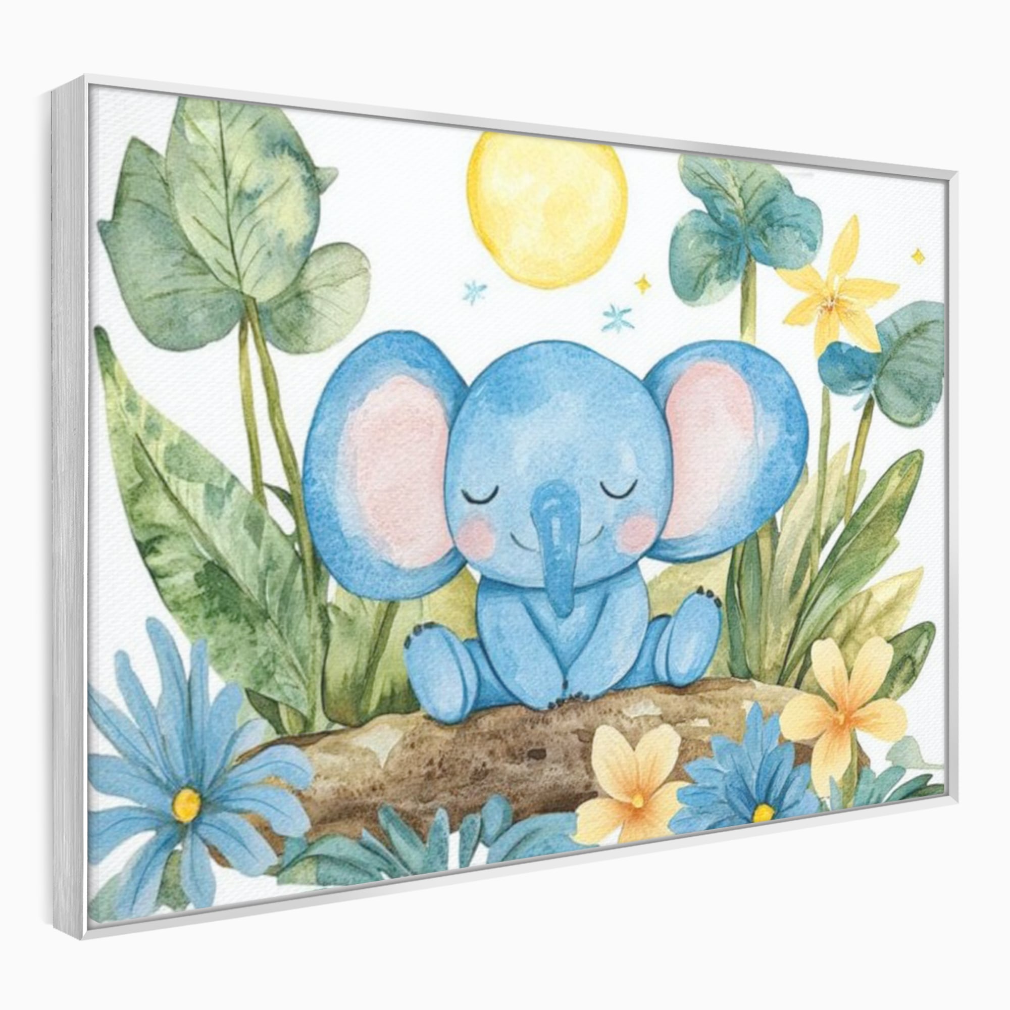 Tablou canvas cu ilustratie cu elefant albastru dormind pe o tulpina, in rama de aluminiu argintiu