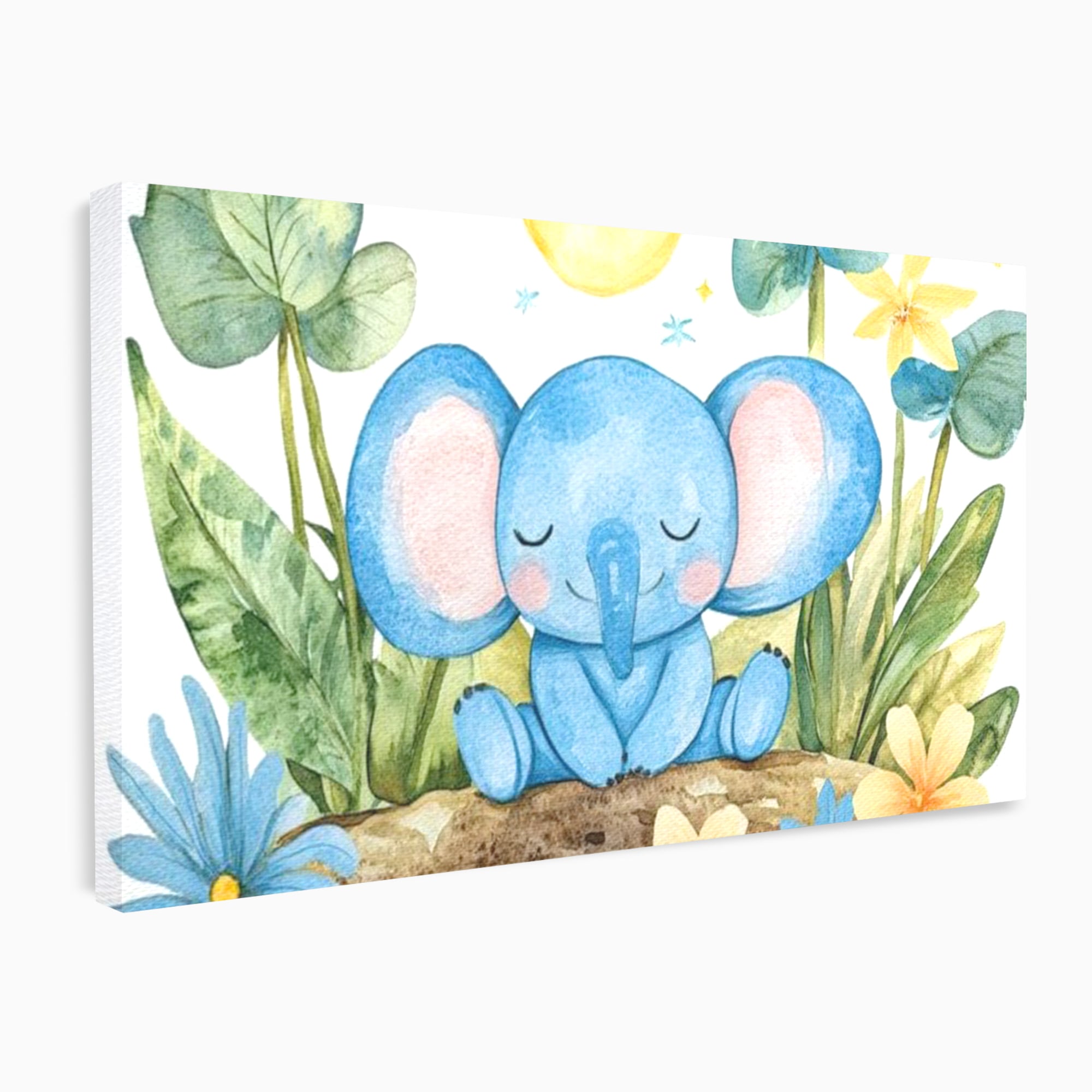 Tablou canvas cu ilustratie cu elefant albastru dormind pe o tulpina, fara rama, pe sasiu de lemn