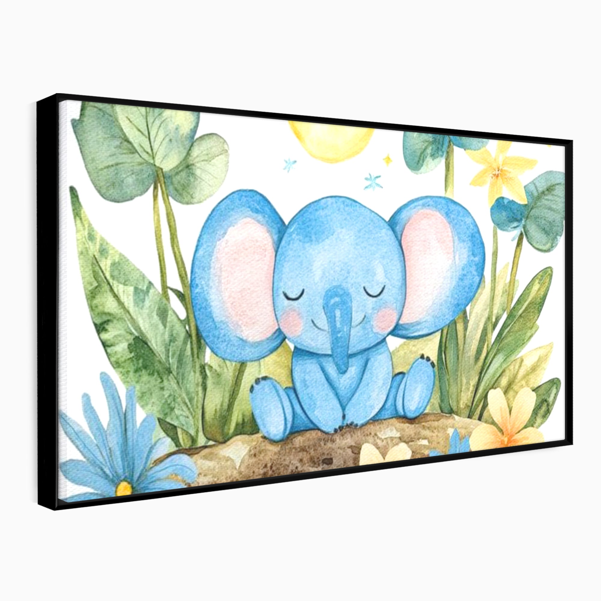 Tablou canvas cu ilustratie cu elefant albastru dormind pe o tulpina, in rama de aluminiu negru