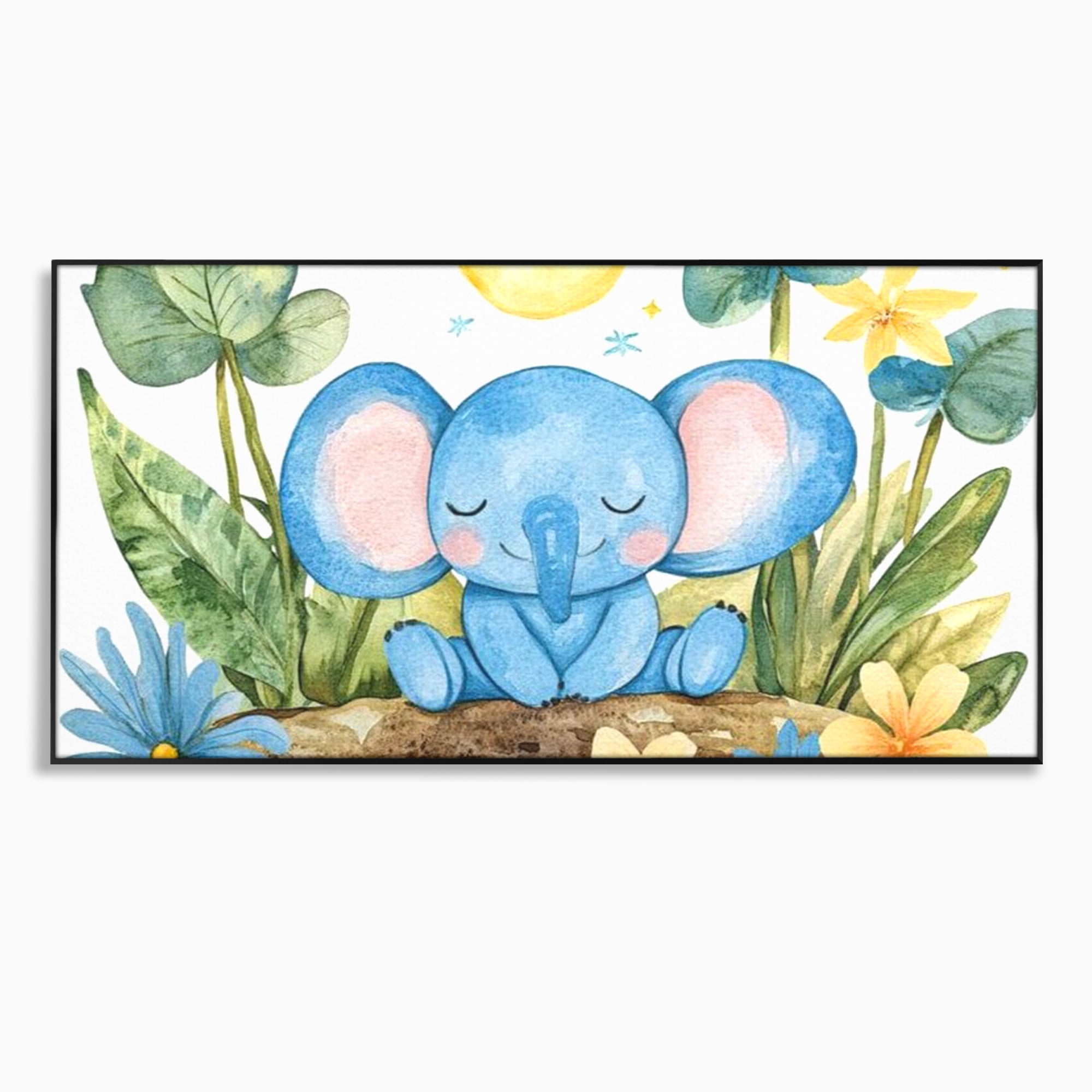 Tablou canvas cu ilustratie cu elefant albastru dormind pe o tulpina, in rama de aluminiu negru