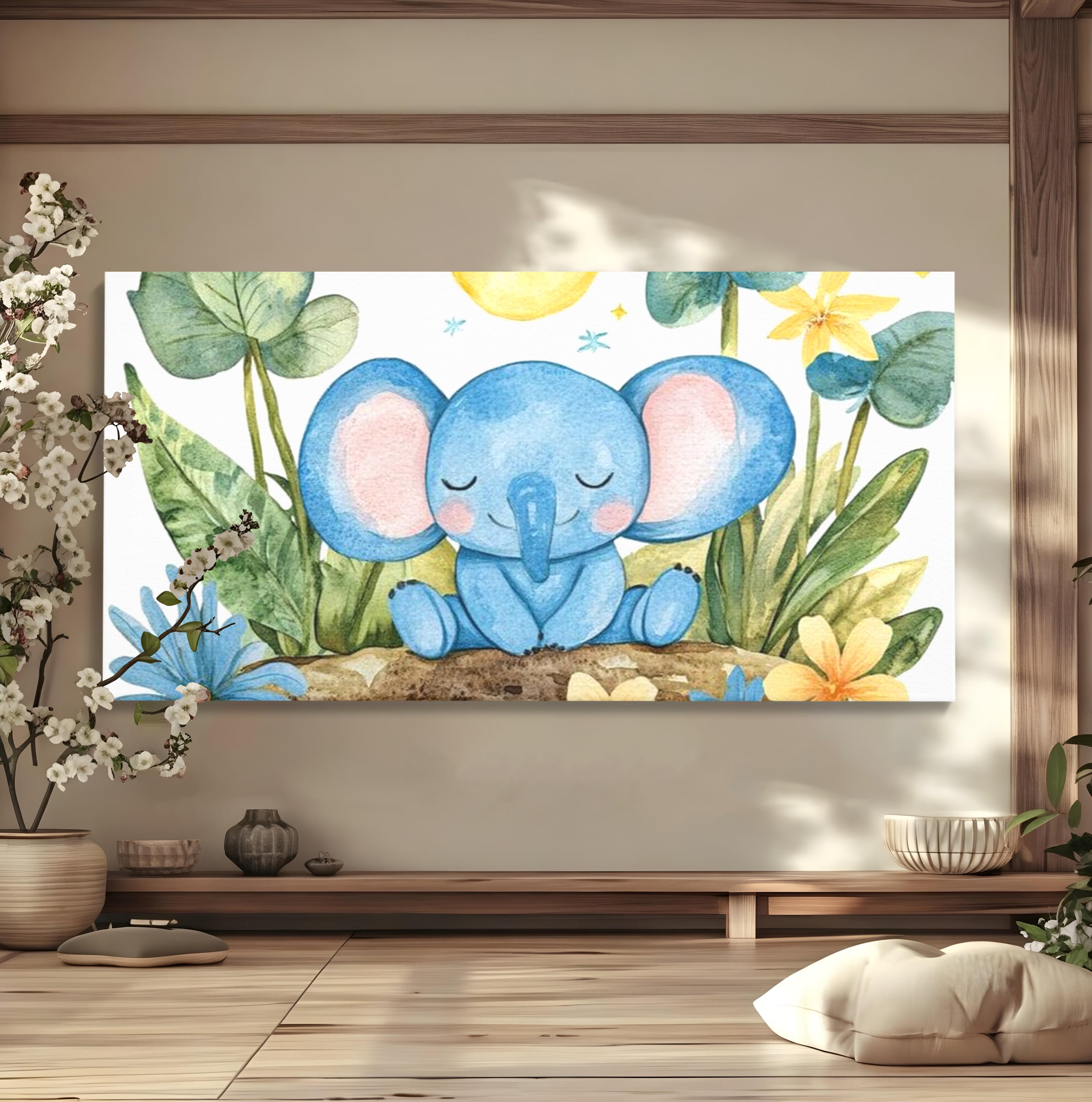 Tablou canvas cu ilustratie cu elefant albastru dormind pe o tulpina, fara rama, pe sasiu de lemn
