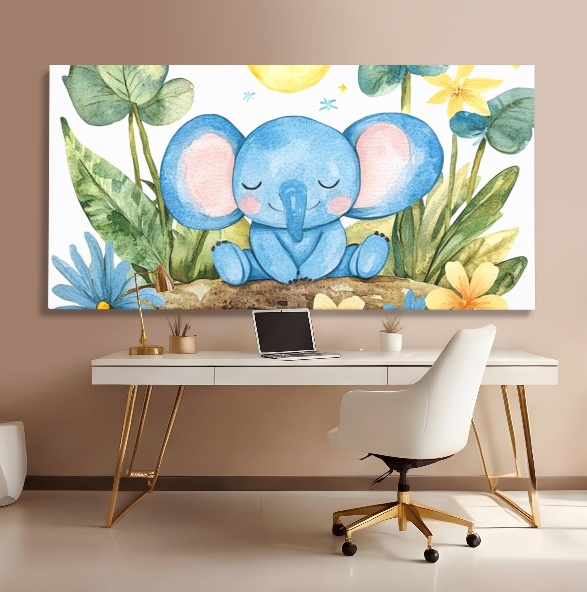 Tablou canvas cu ilustratie cu elefant albastru dormind pe o tulpina, fara rama, pe sasiu de lemn, pe perete intr-un birou