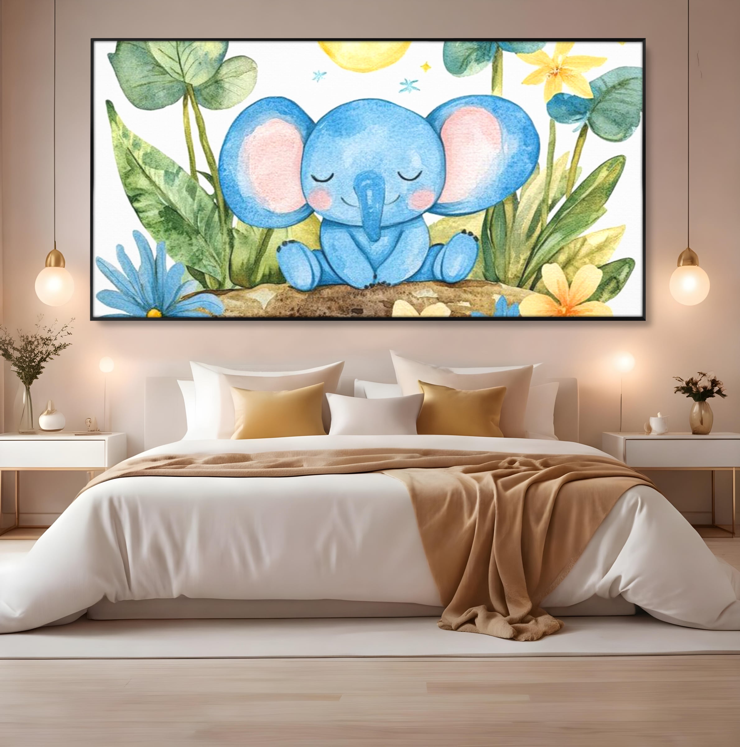 Tablou canvas cu ilustratie cu elefant albastru dormind pe o tulpina, in rama de aluminiu negru, pe perete intr-un dormitor