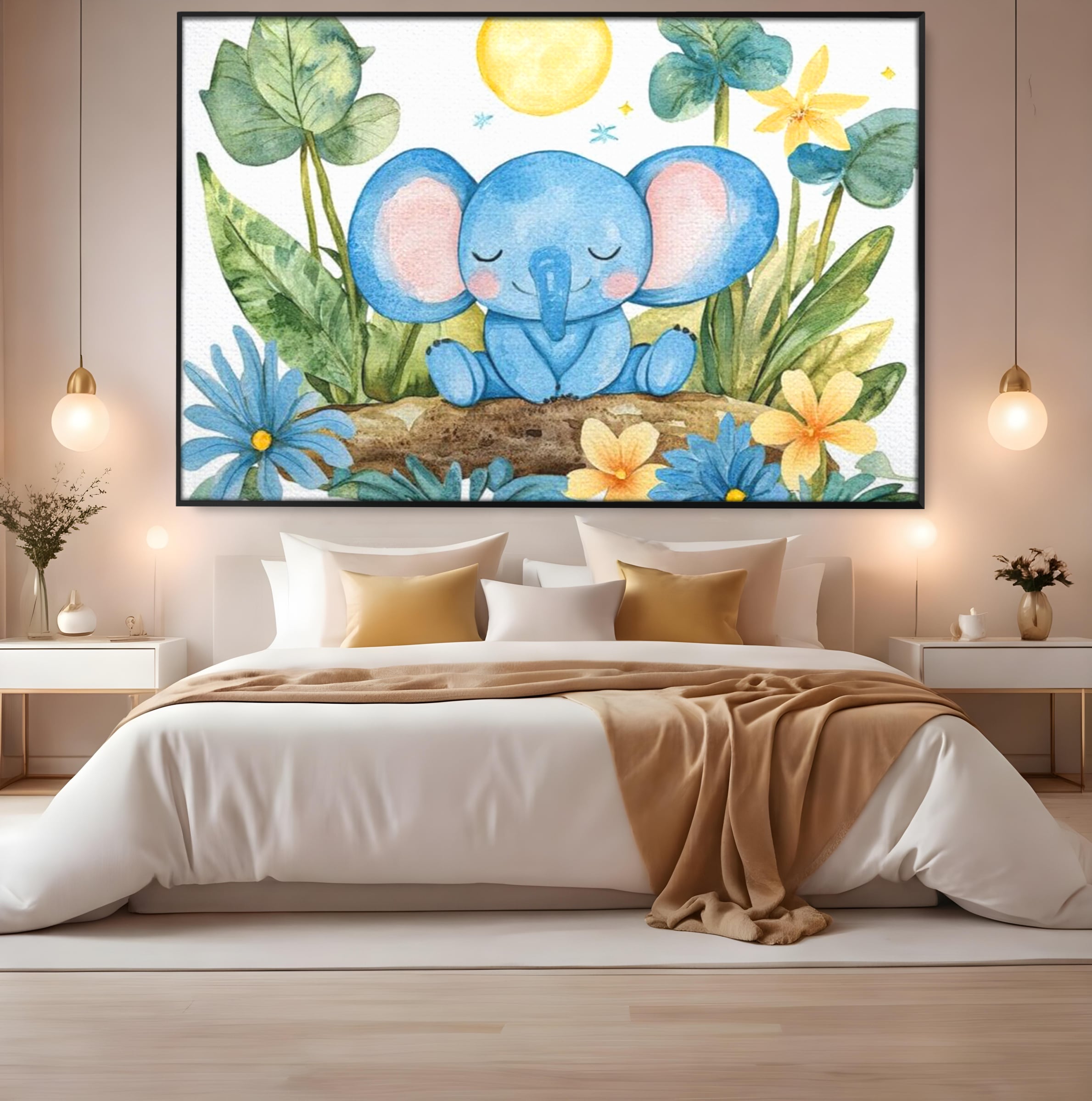 Tablou canvas cu ilustratie cu elefant albastru dormind pe o tulpina, in rama de aluminiu negru, pe perete intr-un dormitor