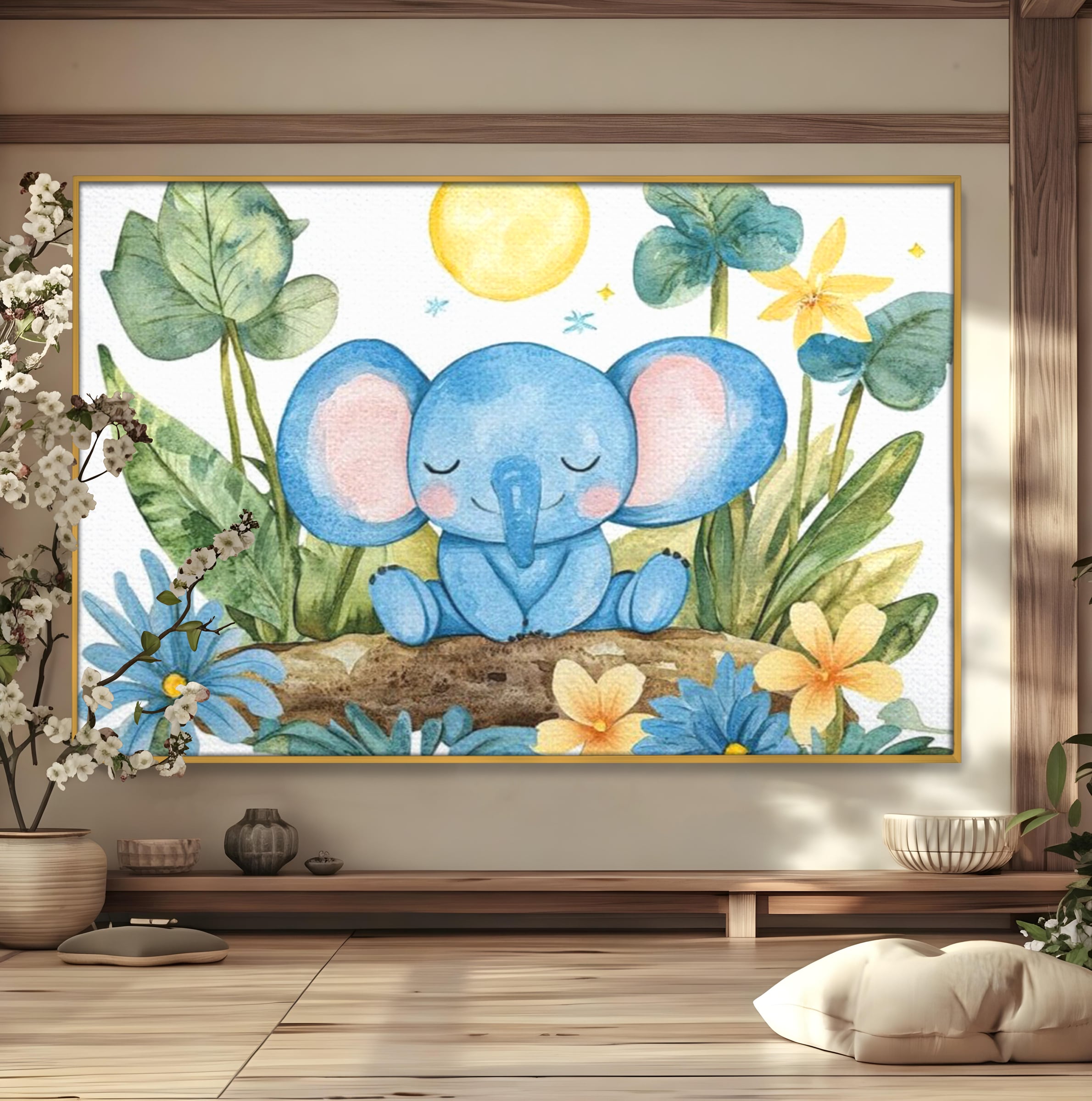 Tablou canvas cu ilustratie cu elefant albastru dormind pe o tulpina, in rama de aluminiu auriu